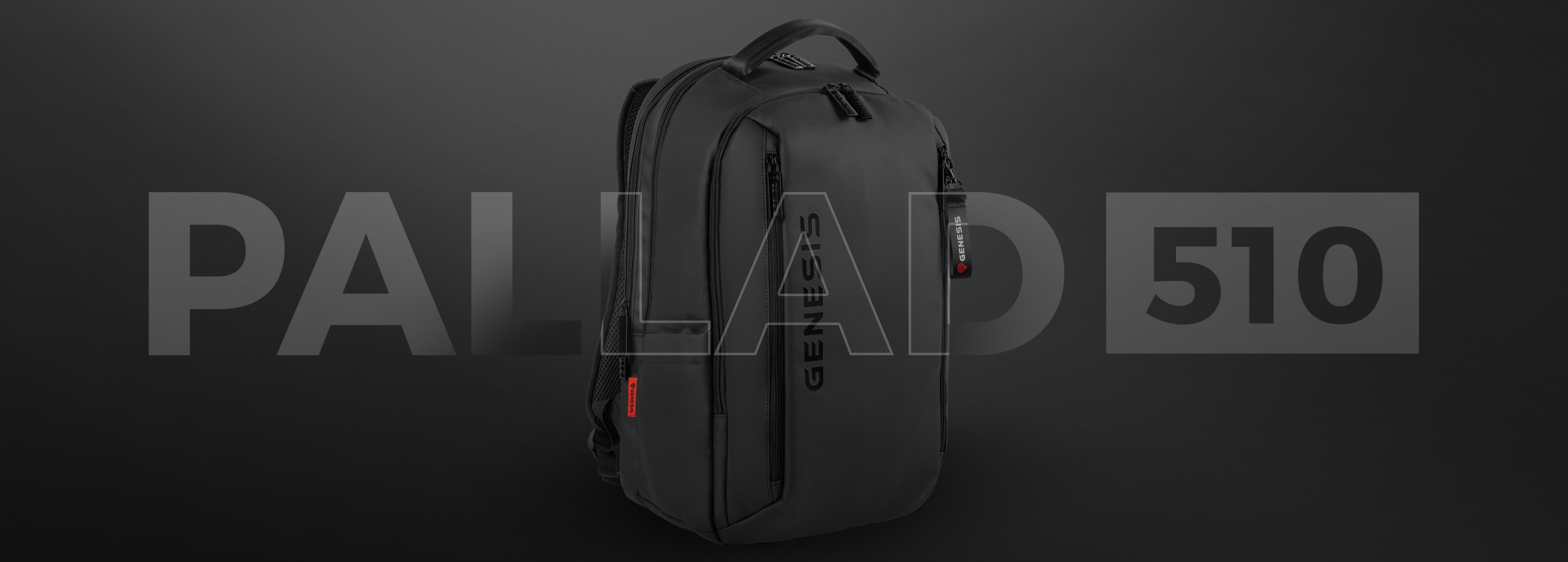 Black backpack with zippers and a textured surface on a dark background.
