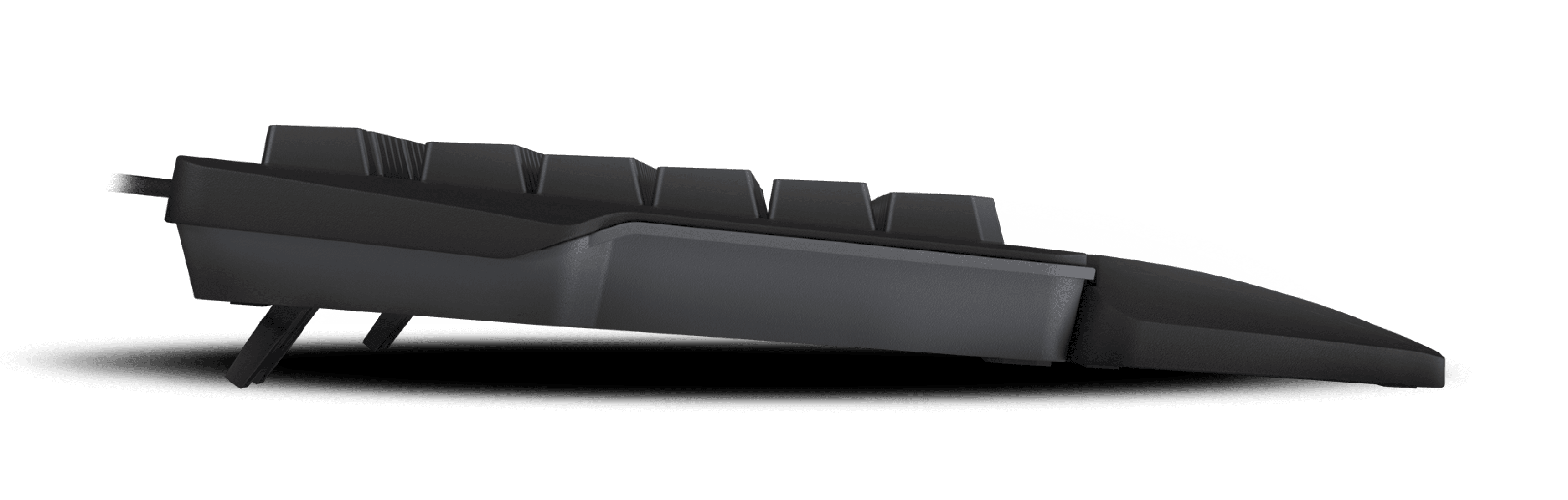 Side view of a sleek black keyboard with elevated keys and a connection cable.
