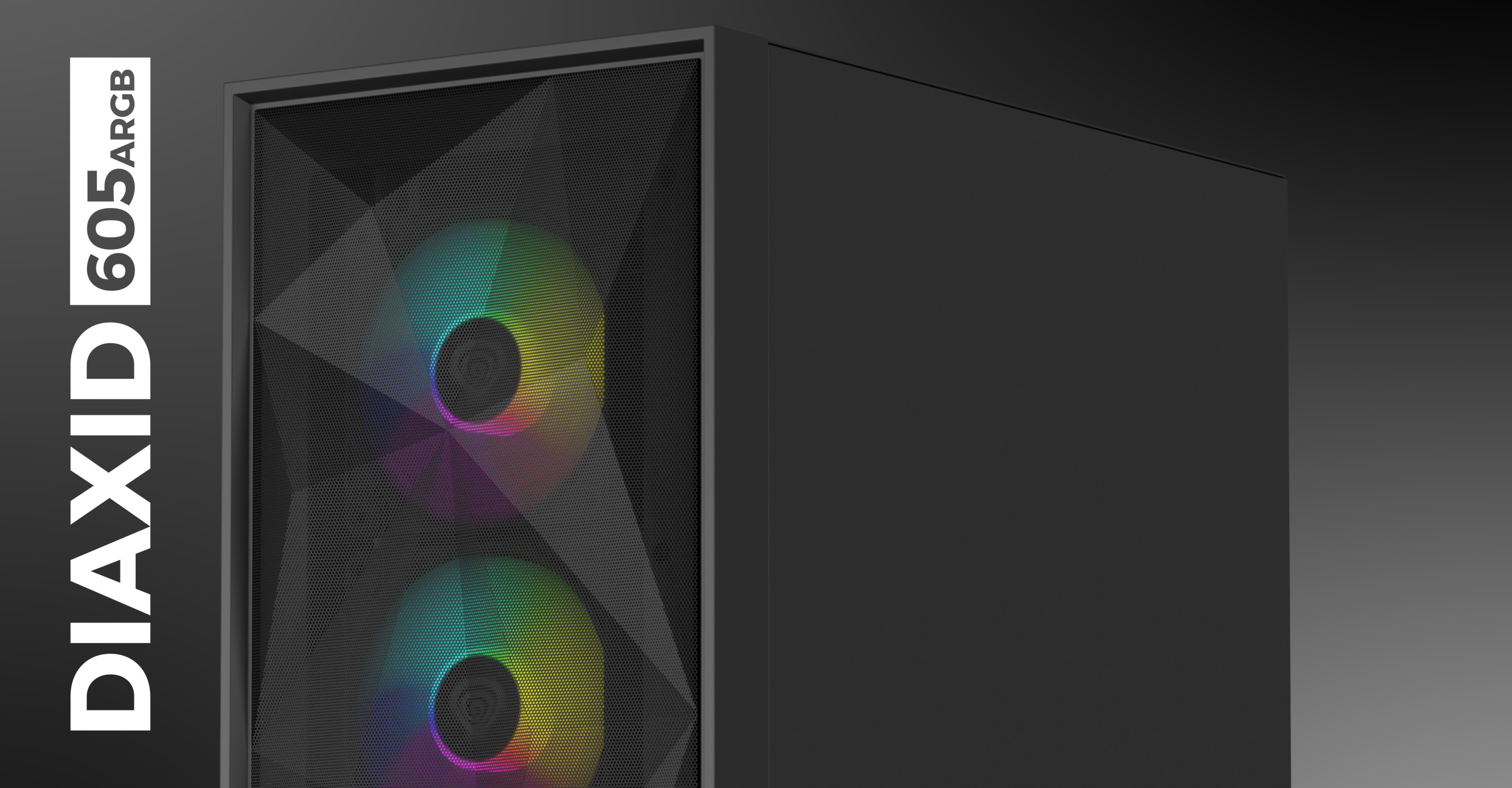 MIDI tower case with a black finish and colorful lighting displaying fans in the front panel