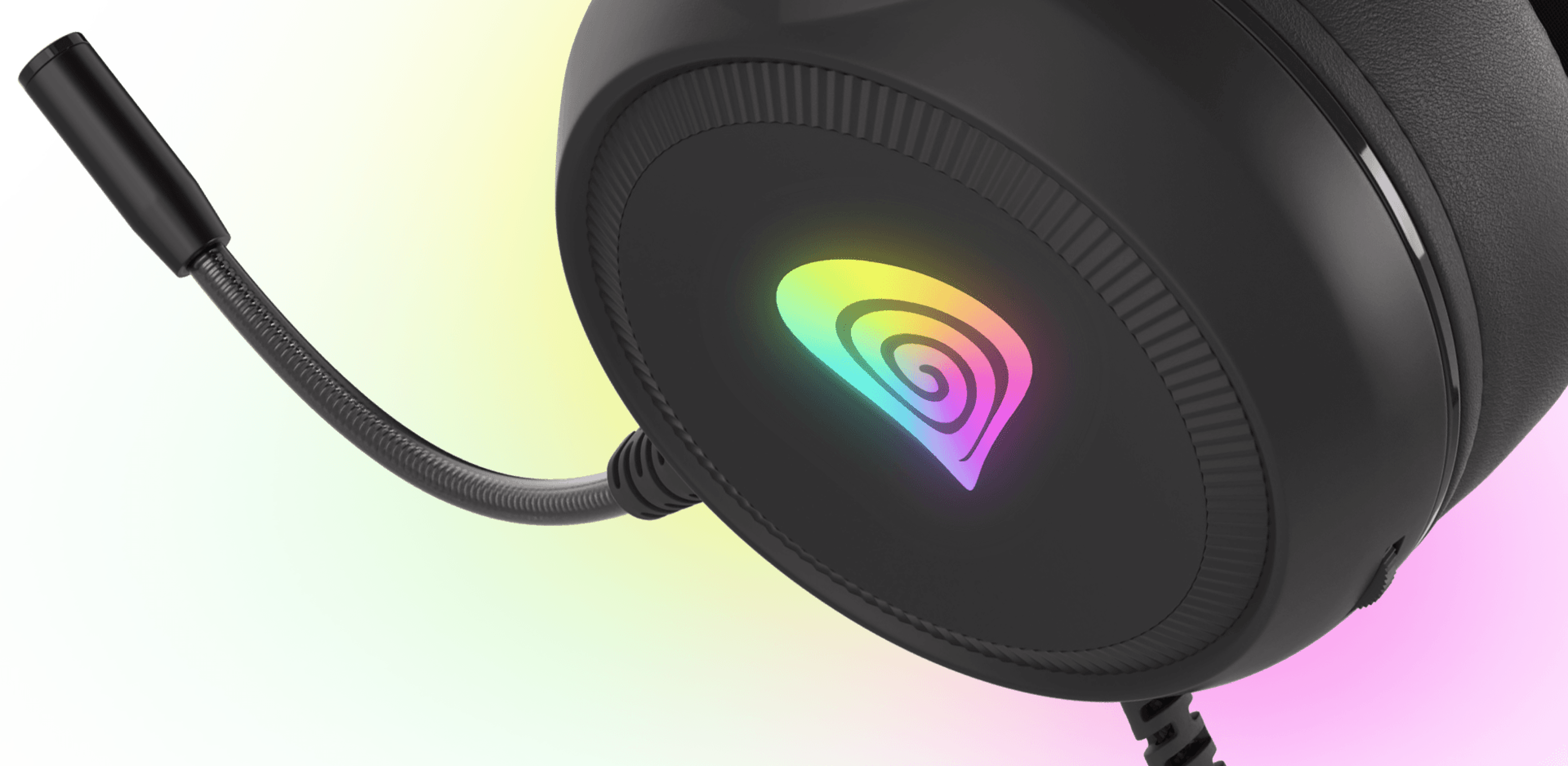 Headset with a microphone and a colorful glowing logo on the ear cup.