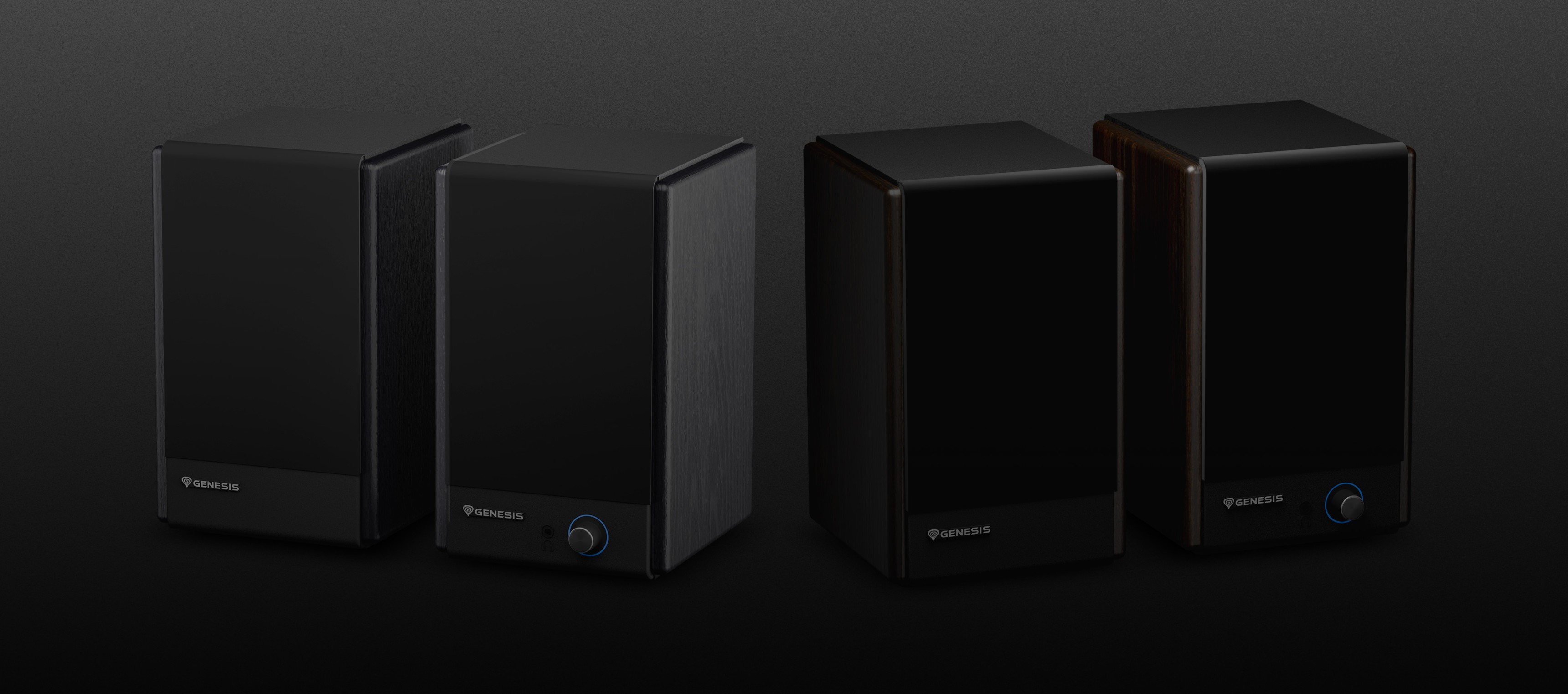Four speakers in black and dark wood finishes with a simple design and control knob.