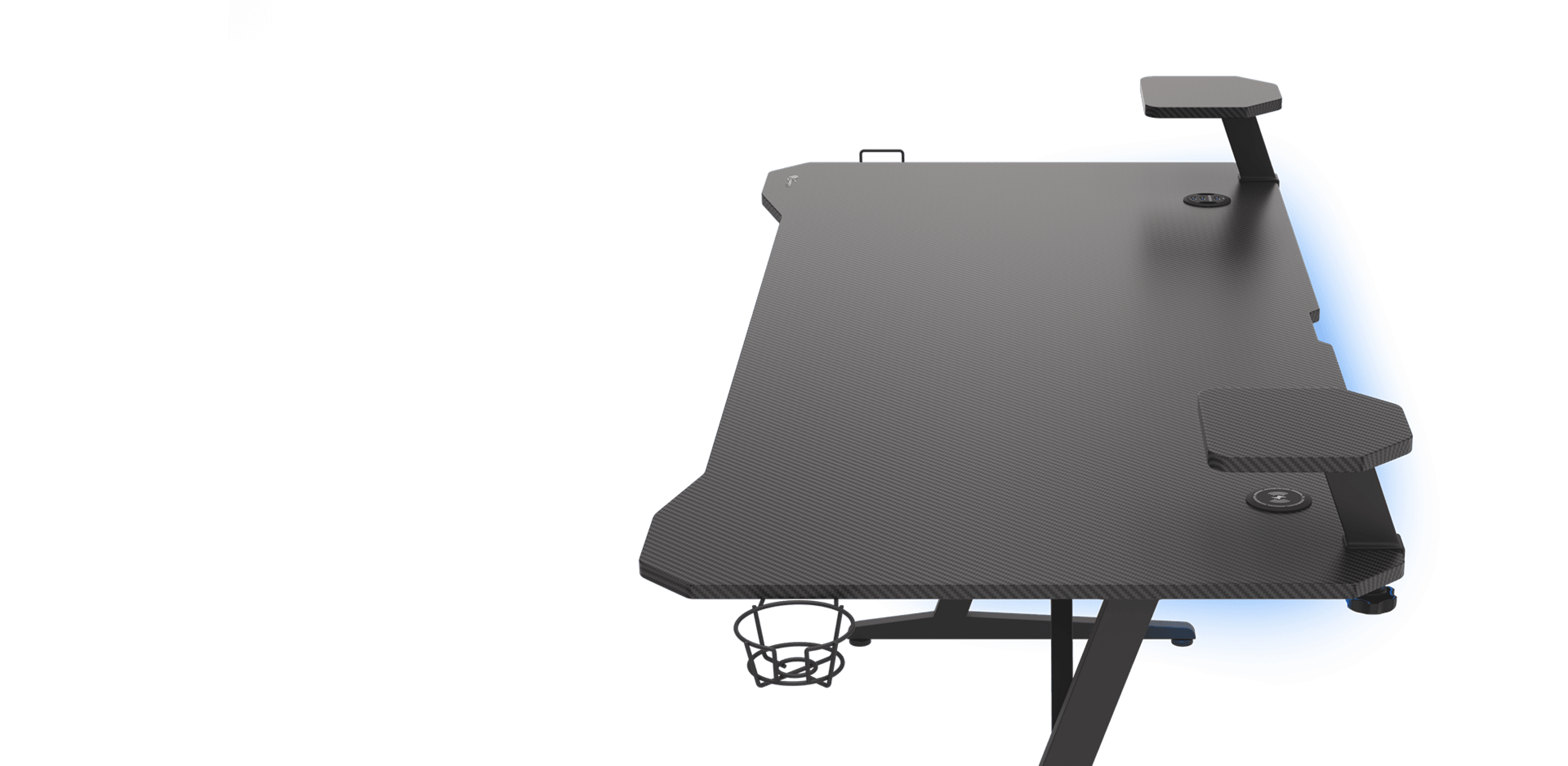Black gaming desk with RGB lighting, two side shelves, and a cup holder, featuring a sleek and modern design