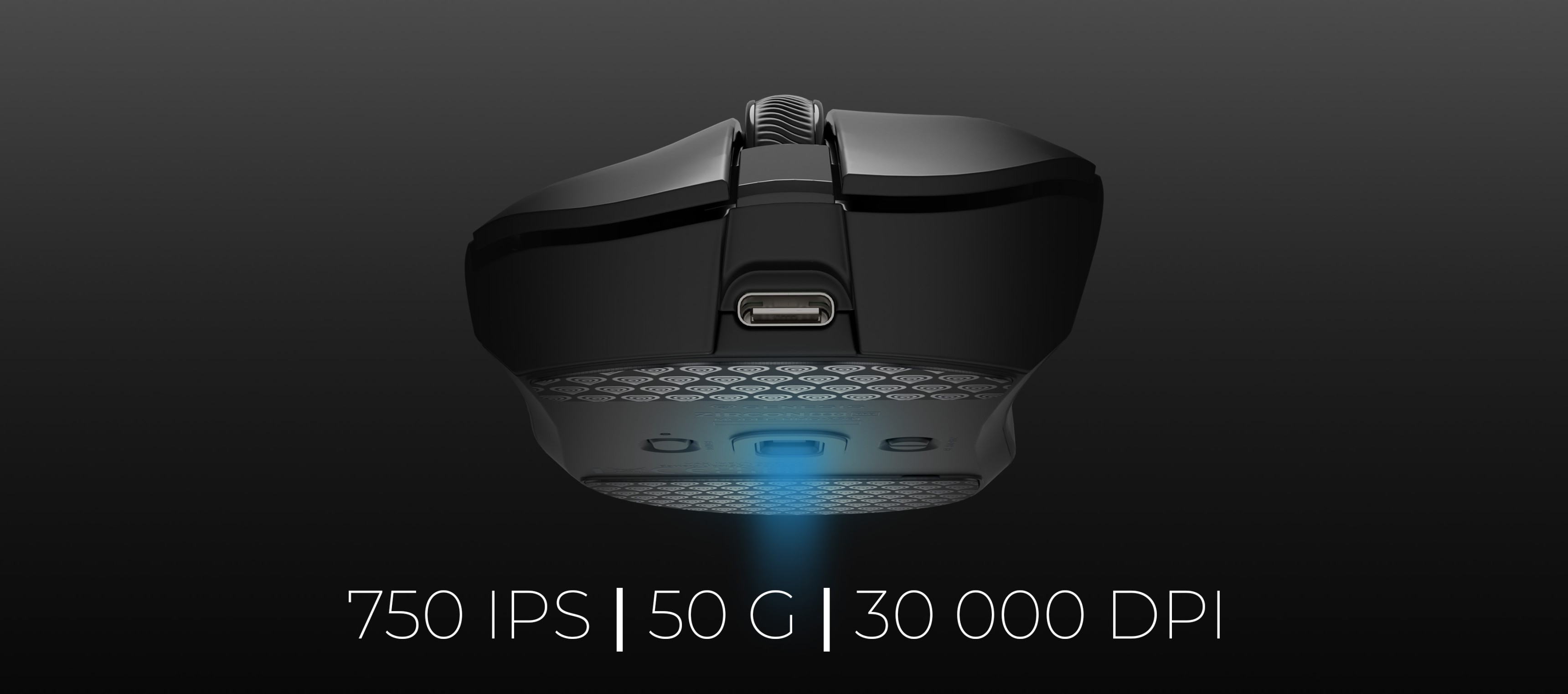 Black gaming mouse with a connection port and a glowing indicator light.