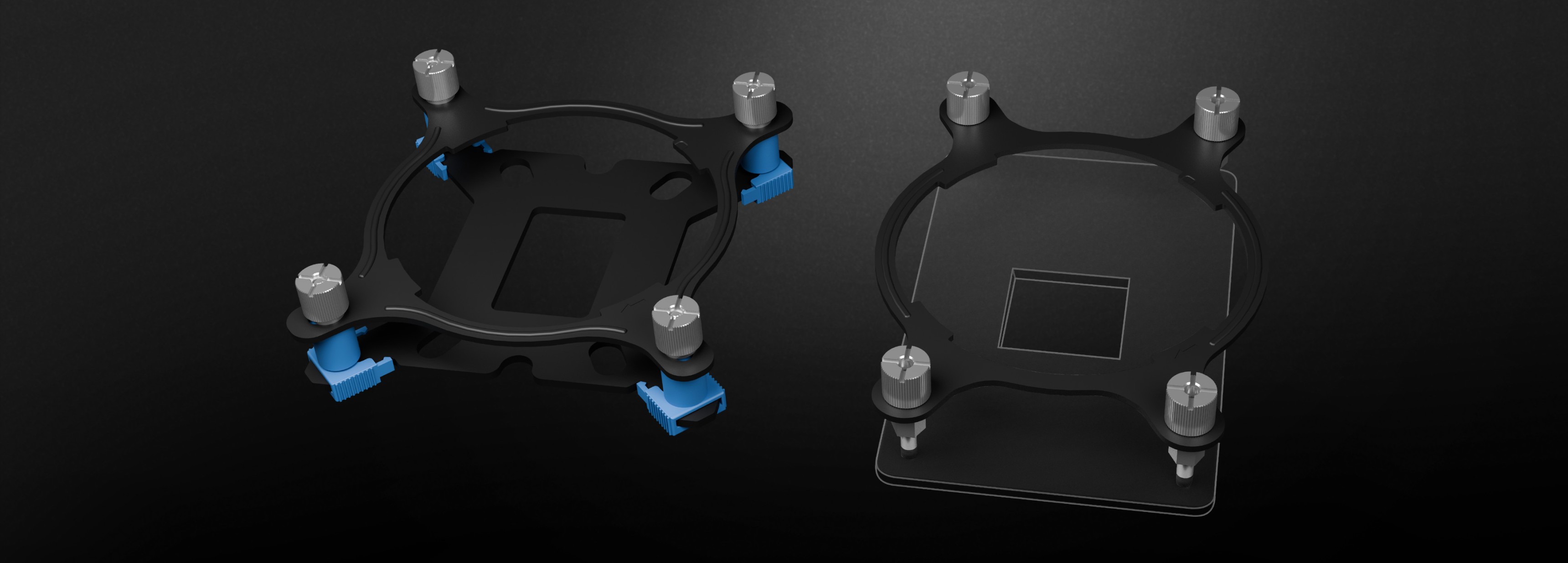 Black water cooling mounting bracket for the Genesis Hydria 240 ARGB, featuring adjustable screws and blue accents