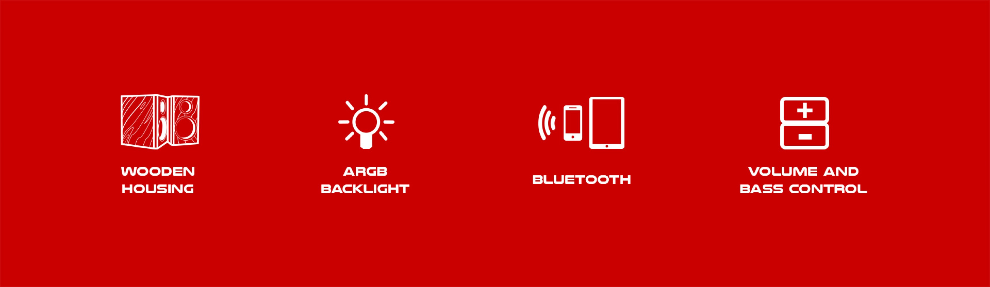 Icons showing features of Genesis Helium 300BT speakers: wooden housing, ARGB backlight, Bluetooth connectivity, and volume/bass control