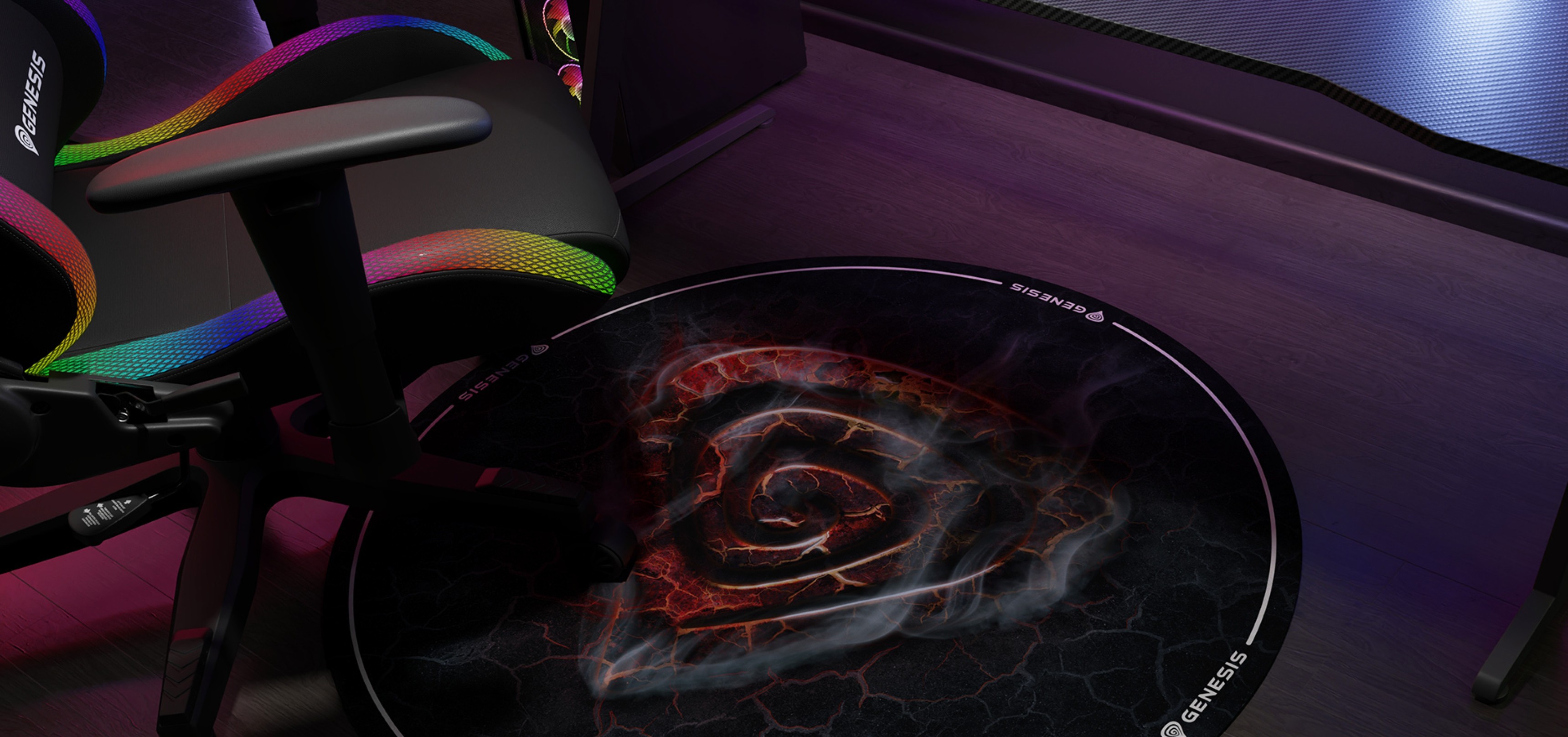 Round gaming chair mat featuring a lava-inspired design with a spiral pattern, placed under a colorful gaming chair