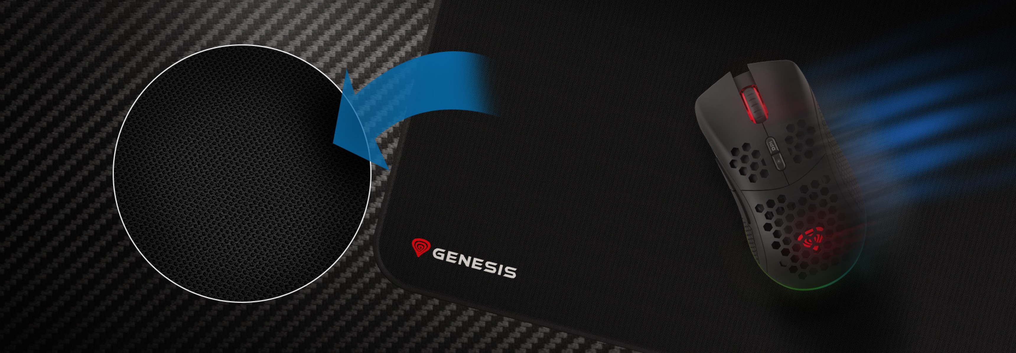 Black mouse pad featuring a textured surface with a Genesis logo, alongside a high-tech gaming mouse