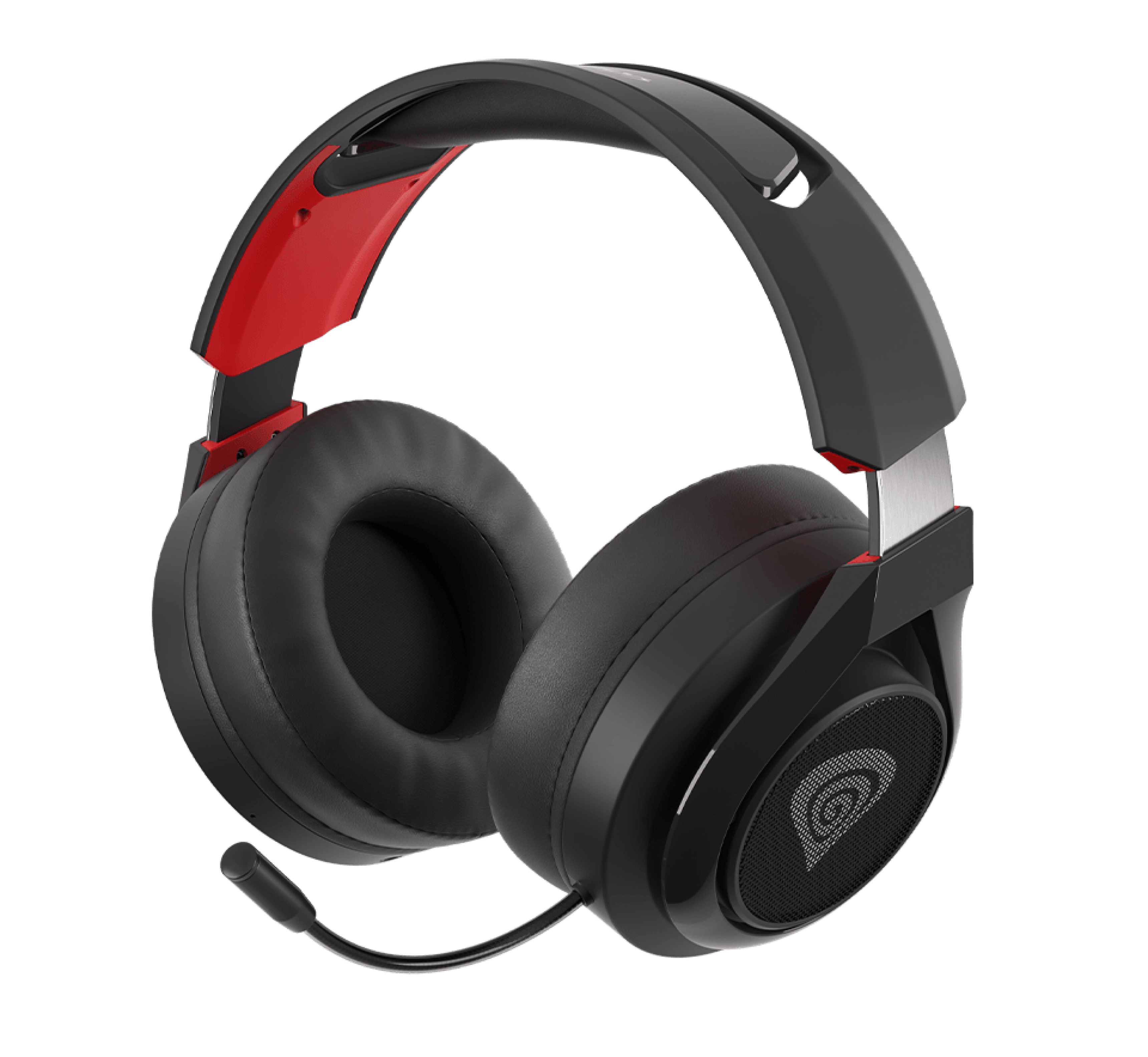Black and red wireless over-ear headphones with a microphone