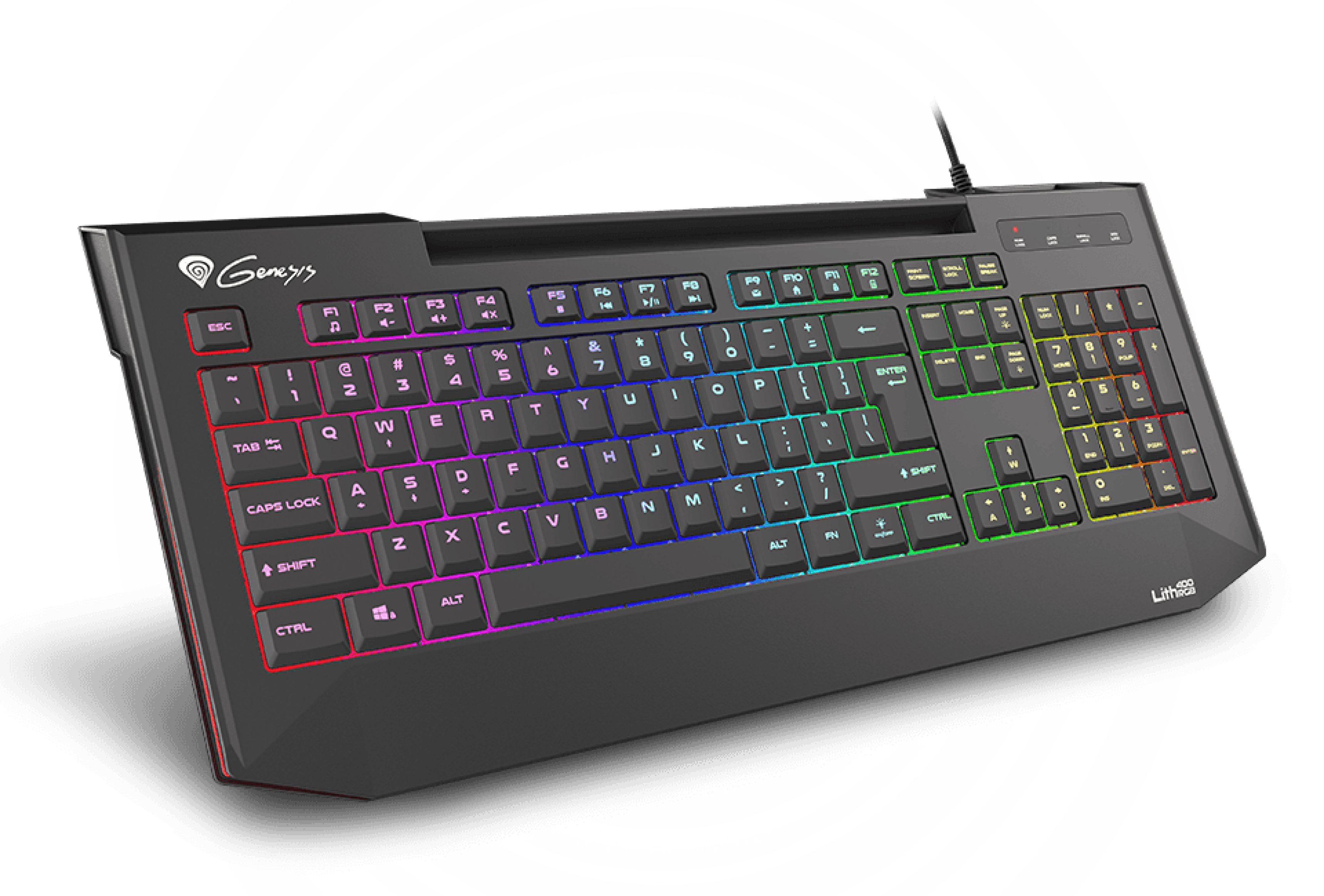 Slim RGB gaming keyboard with X-scissor switches, featuring customizable backlighting and a sleek design