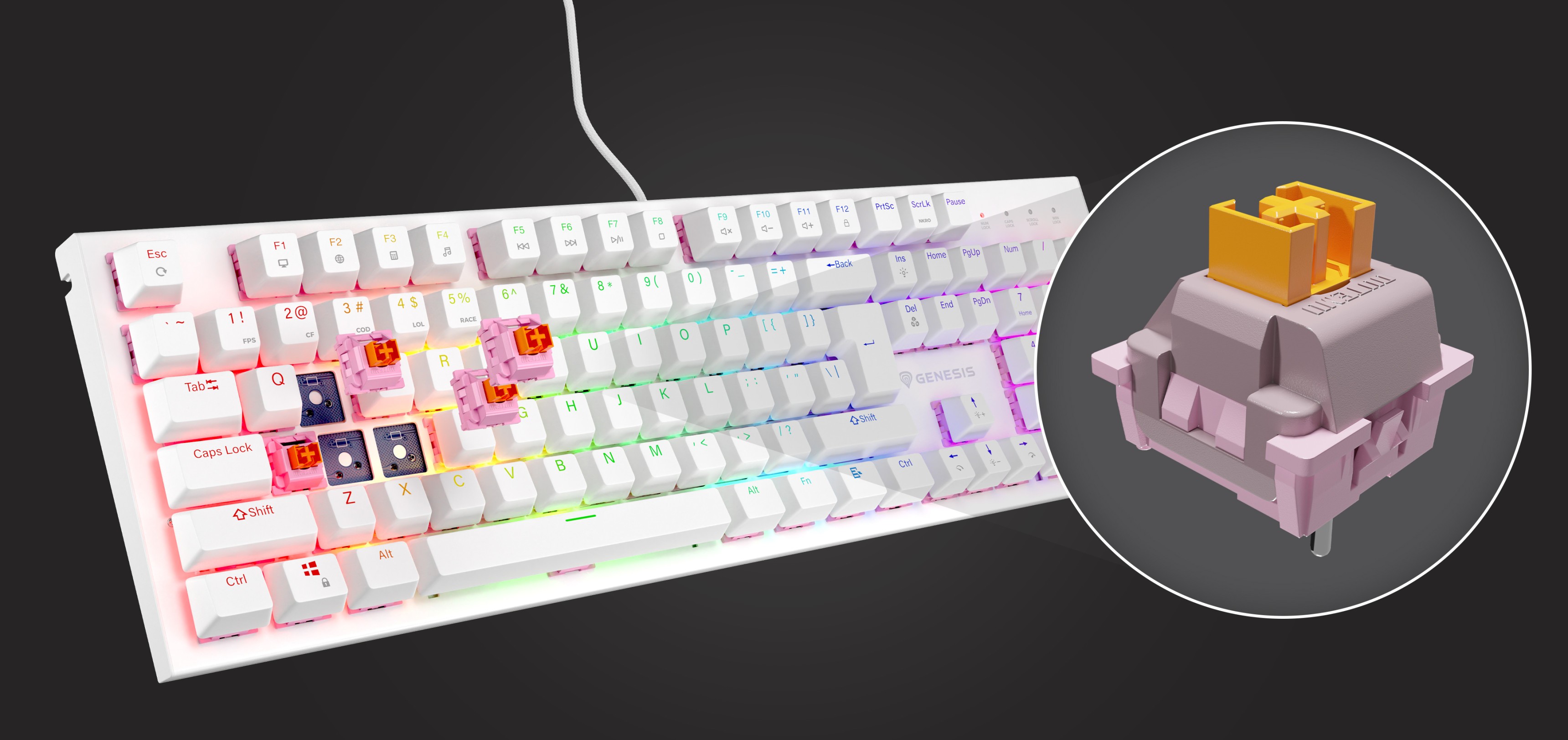 White mechanical gaming keyboard with RGB backlighting and silent switches, featuring a hot-swappable design