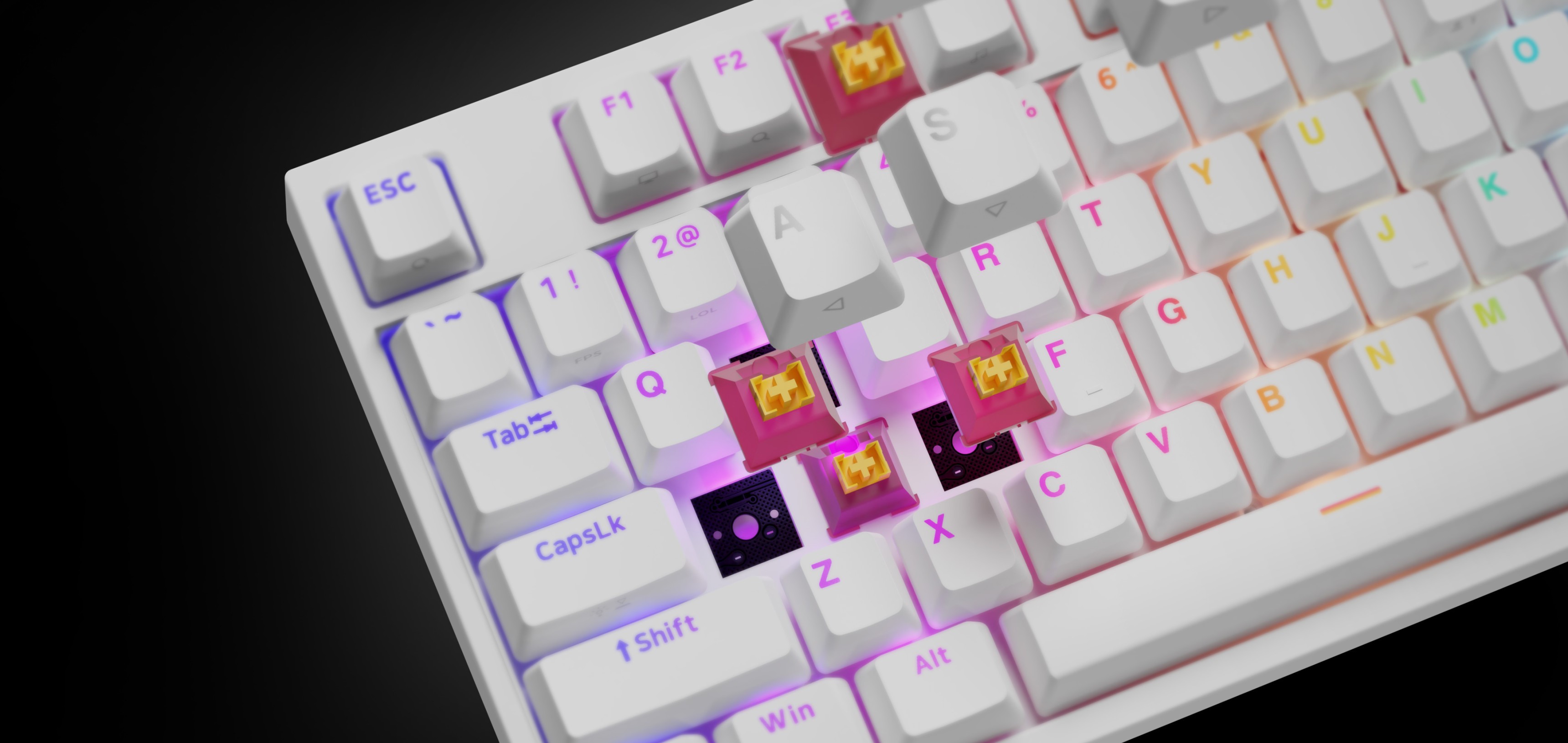 White mechanical gaming keyboard featuring RGB backlighting and Outemu Peach Silent switches, with some keycaps removed