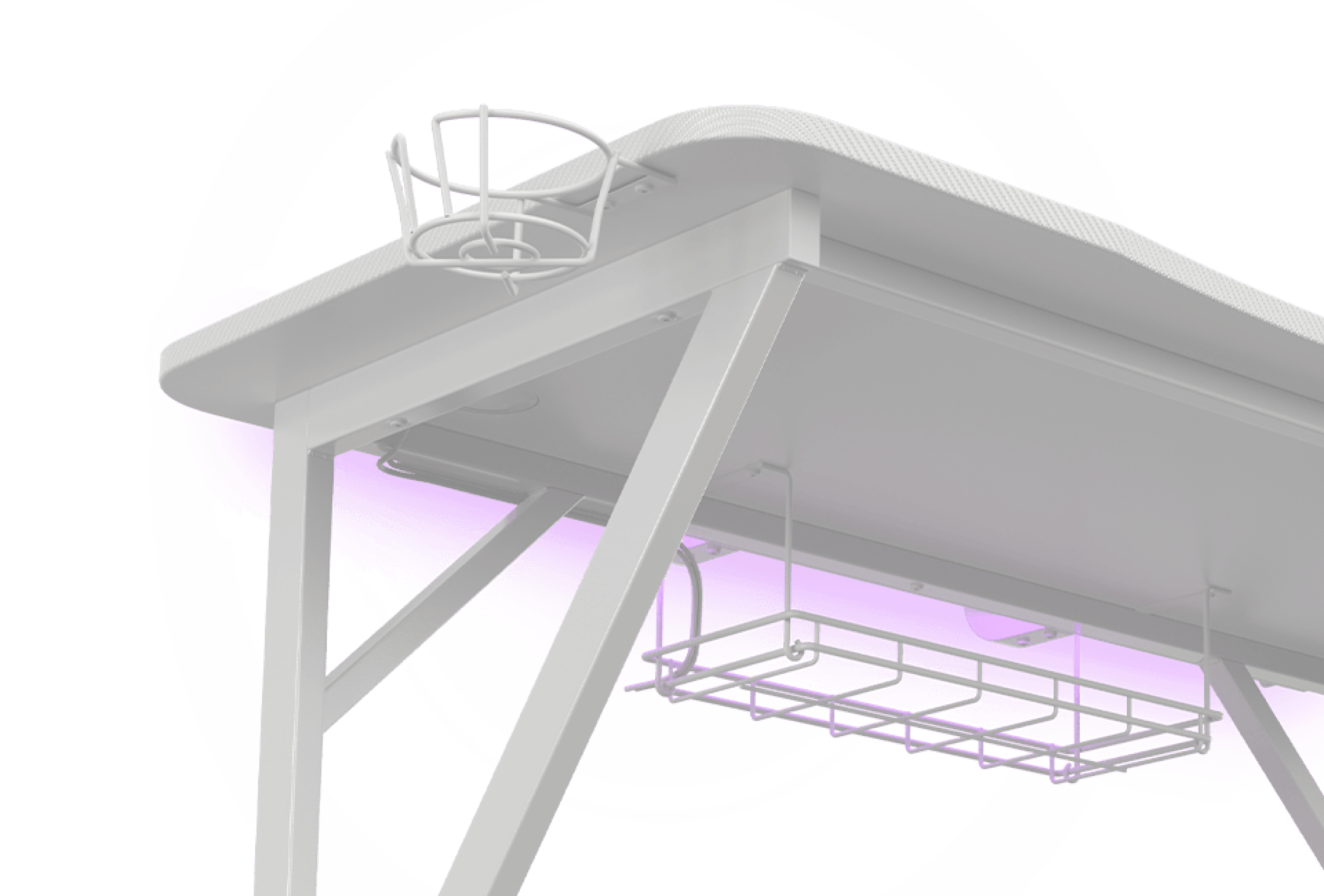 Gaming desk with a white finish featuring RGB lighting underneath and storage baskets for accessories