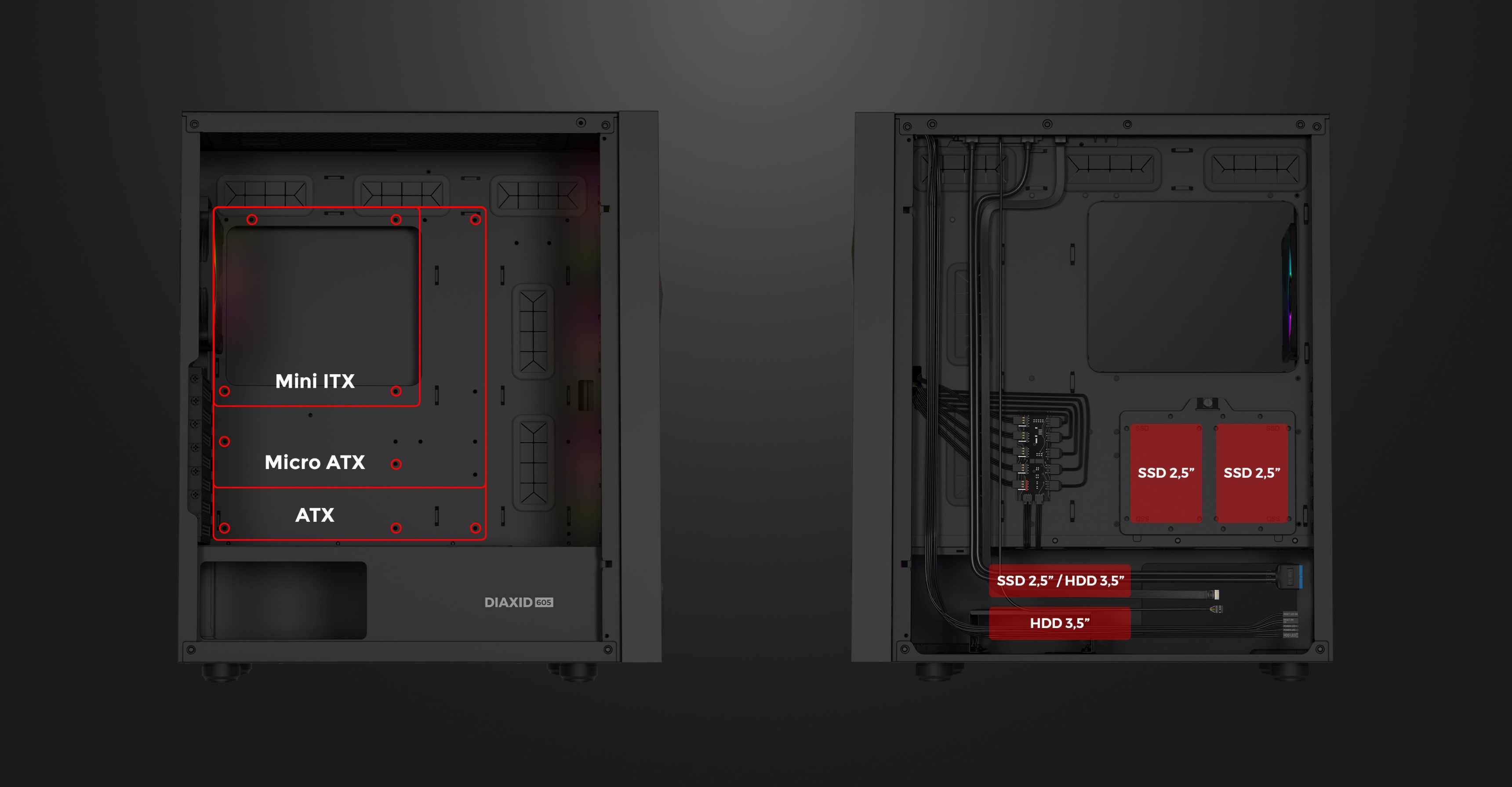 Black computer case with ARGB features and window, showing internal layout for various motherboard sizes