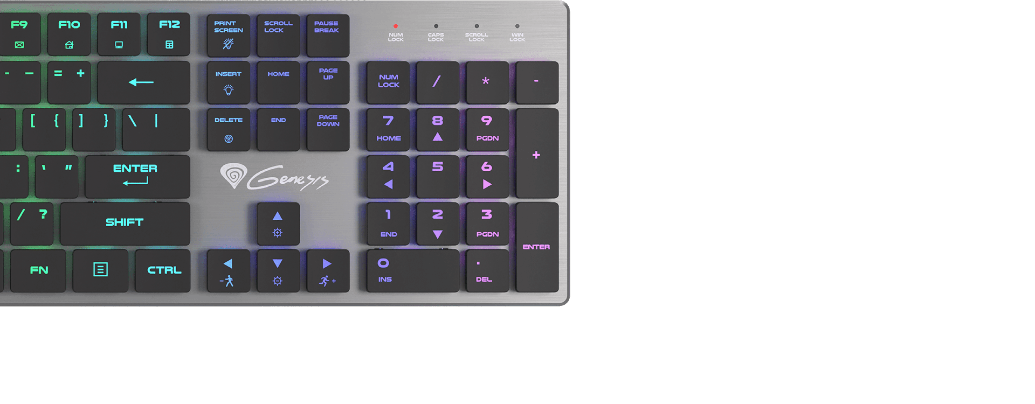 Gaming keyboard with mechanical blue switches, RGB backlighting, and a slim design, featuring a variety of illuminated keys
