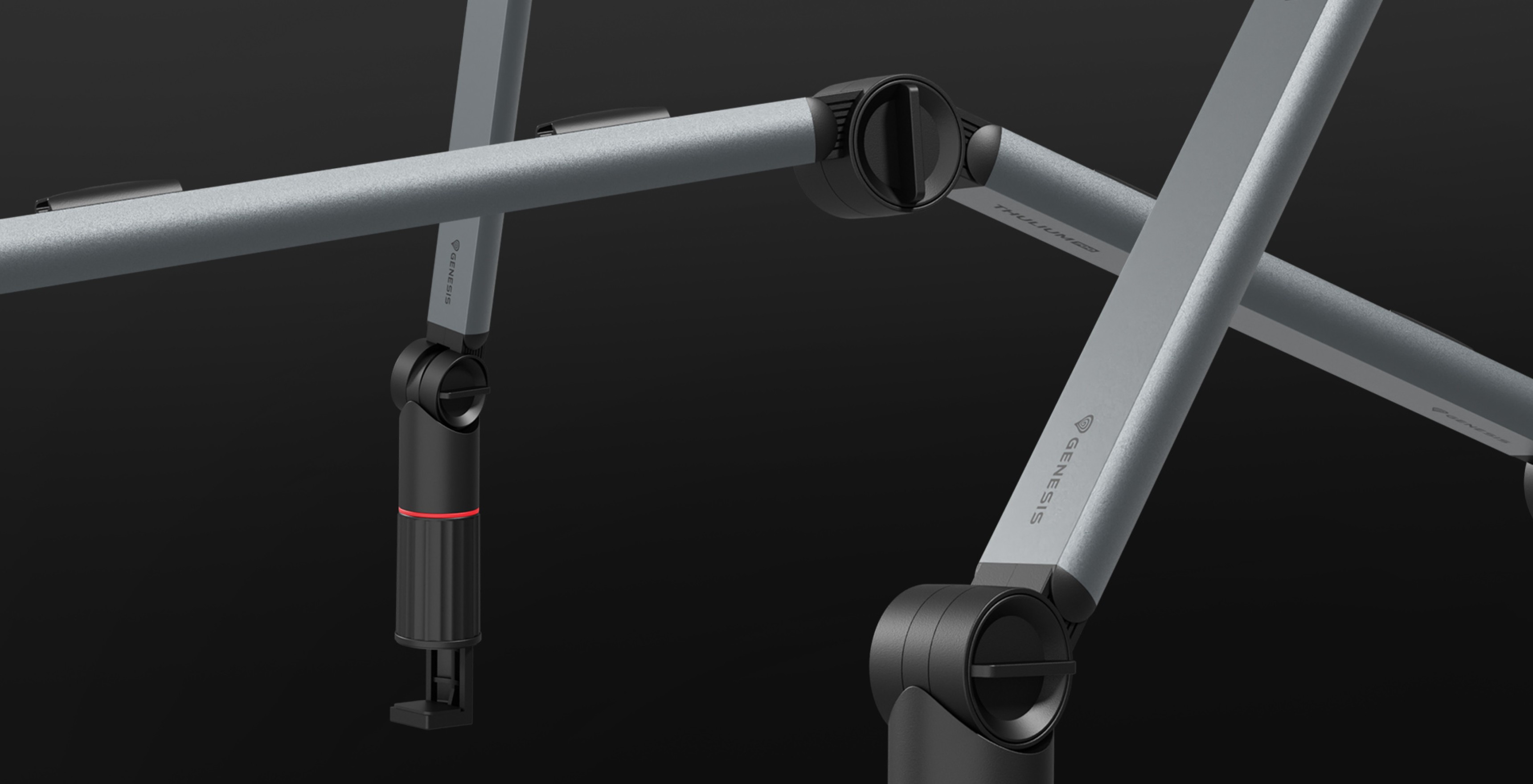 Microphone arm featuring a sleek gray design with adjustable joints and a secure mount for easy positioning