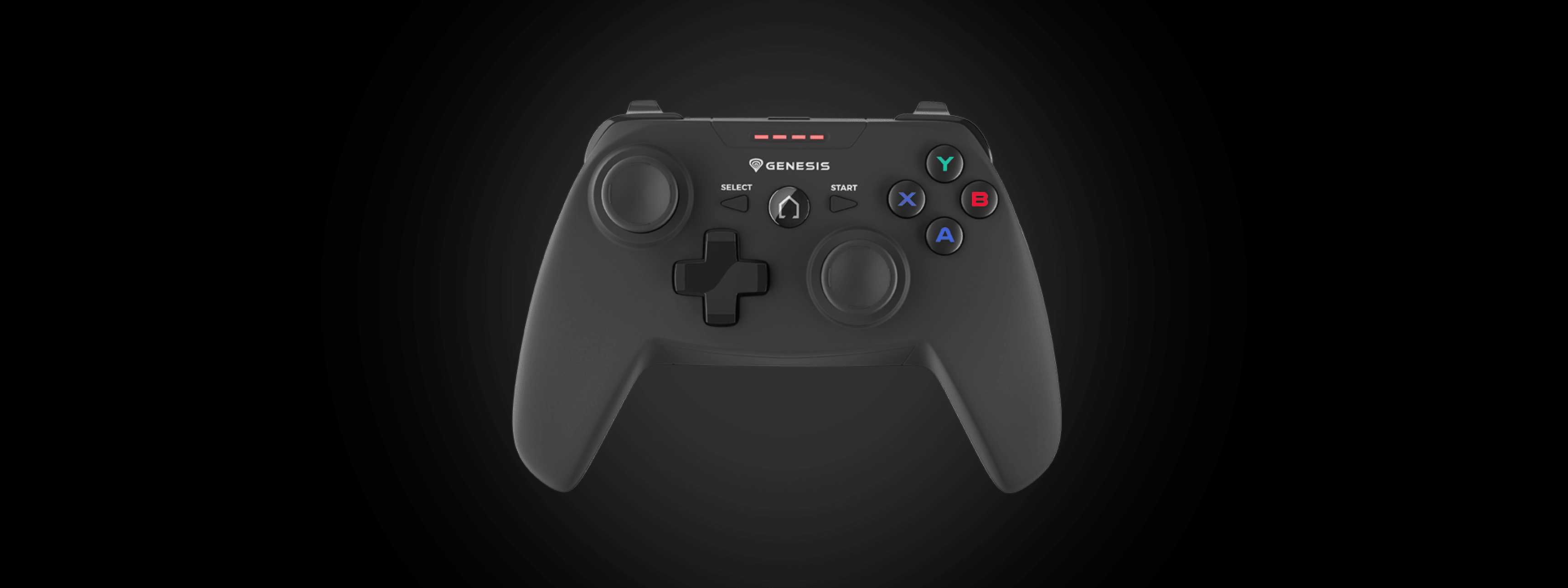 Black gaming controller with multiple buttons and a directional pad.