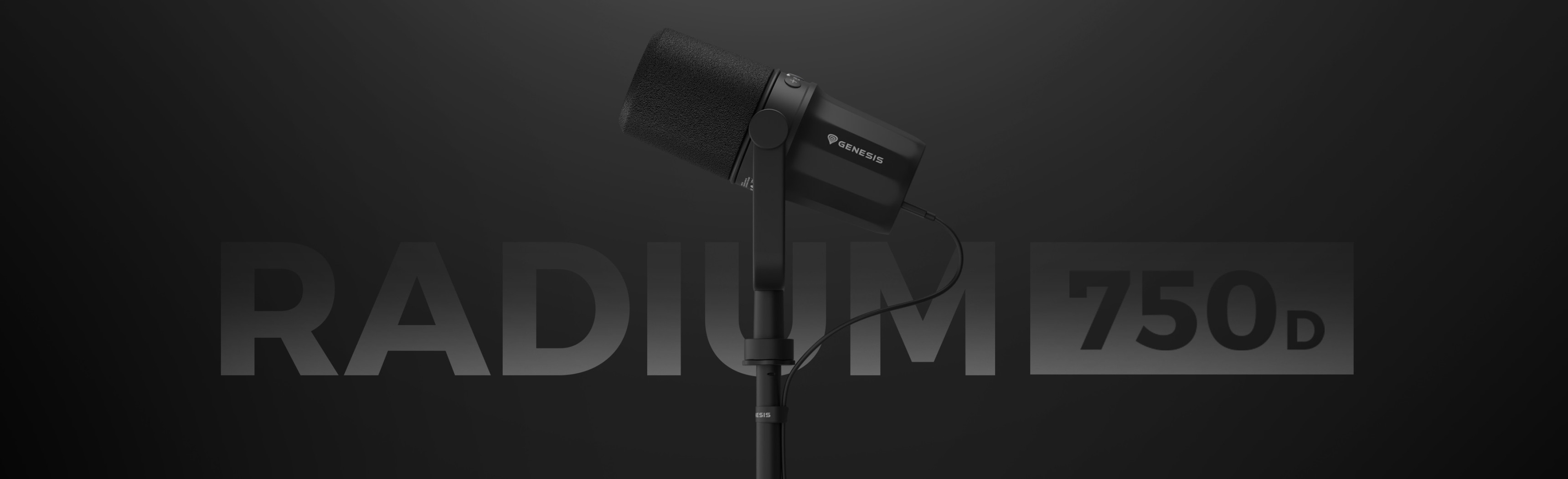 Studio microphone mounted on a stand with a sleek black design and a visible connection cable