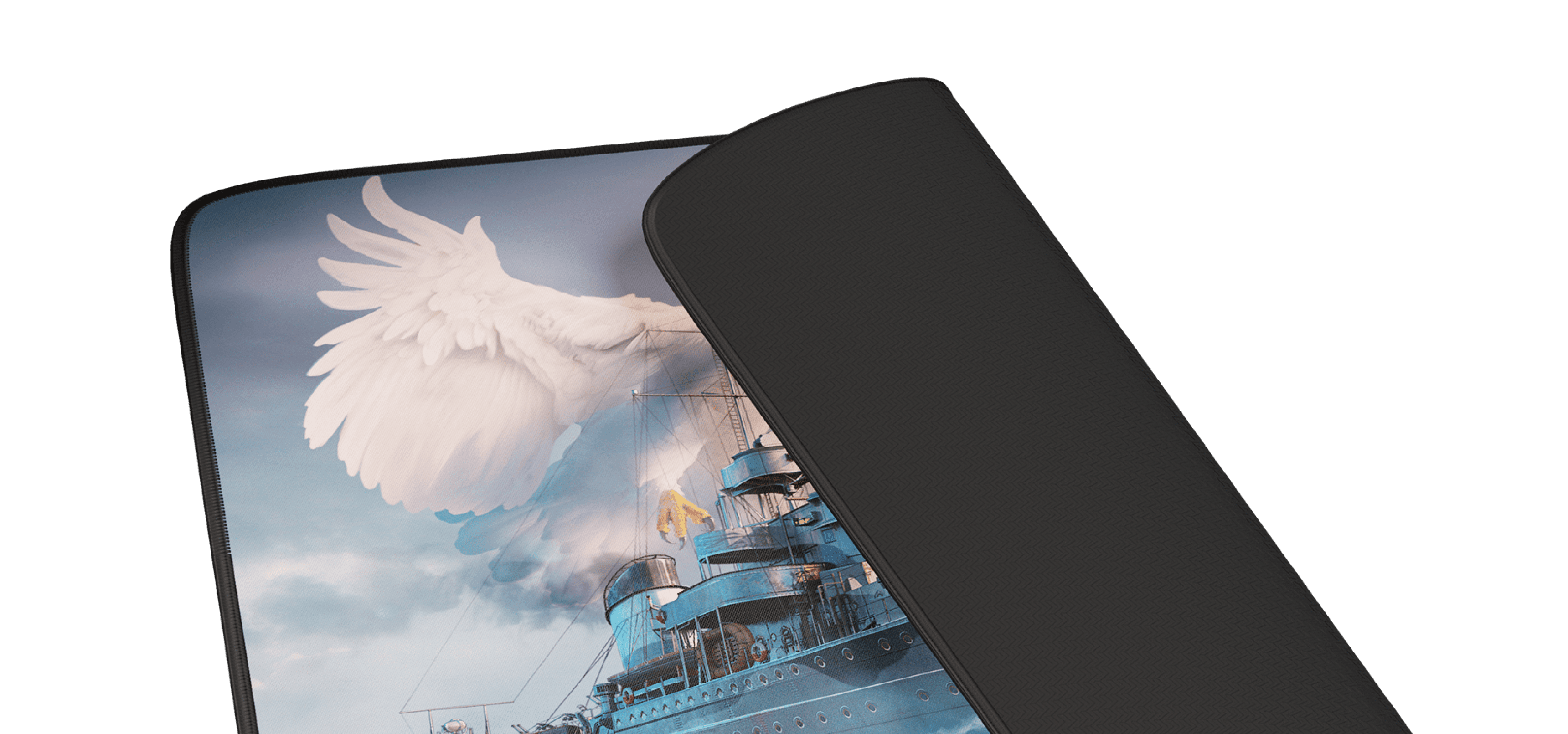 Mouse pad featuring a vibrant design with a ship and an angelic wing motif, measuring 300x250mm