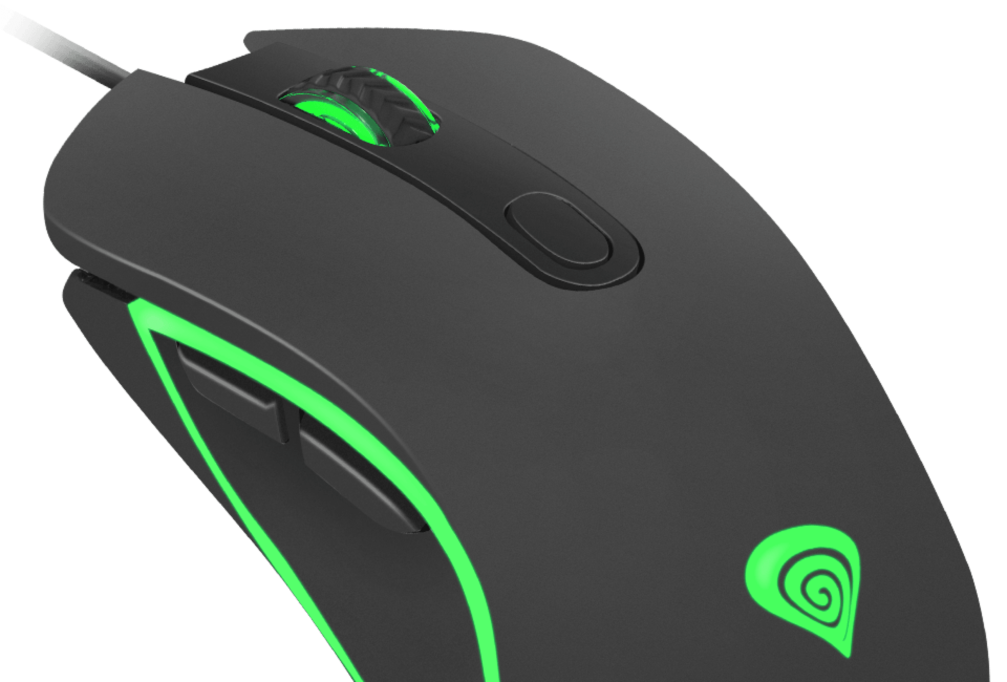Mouse with a connection cable and glowing light on the side and scroll wheel.