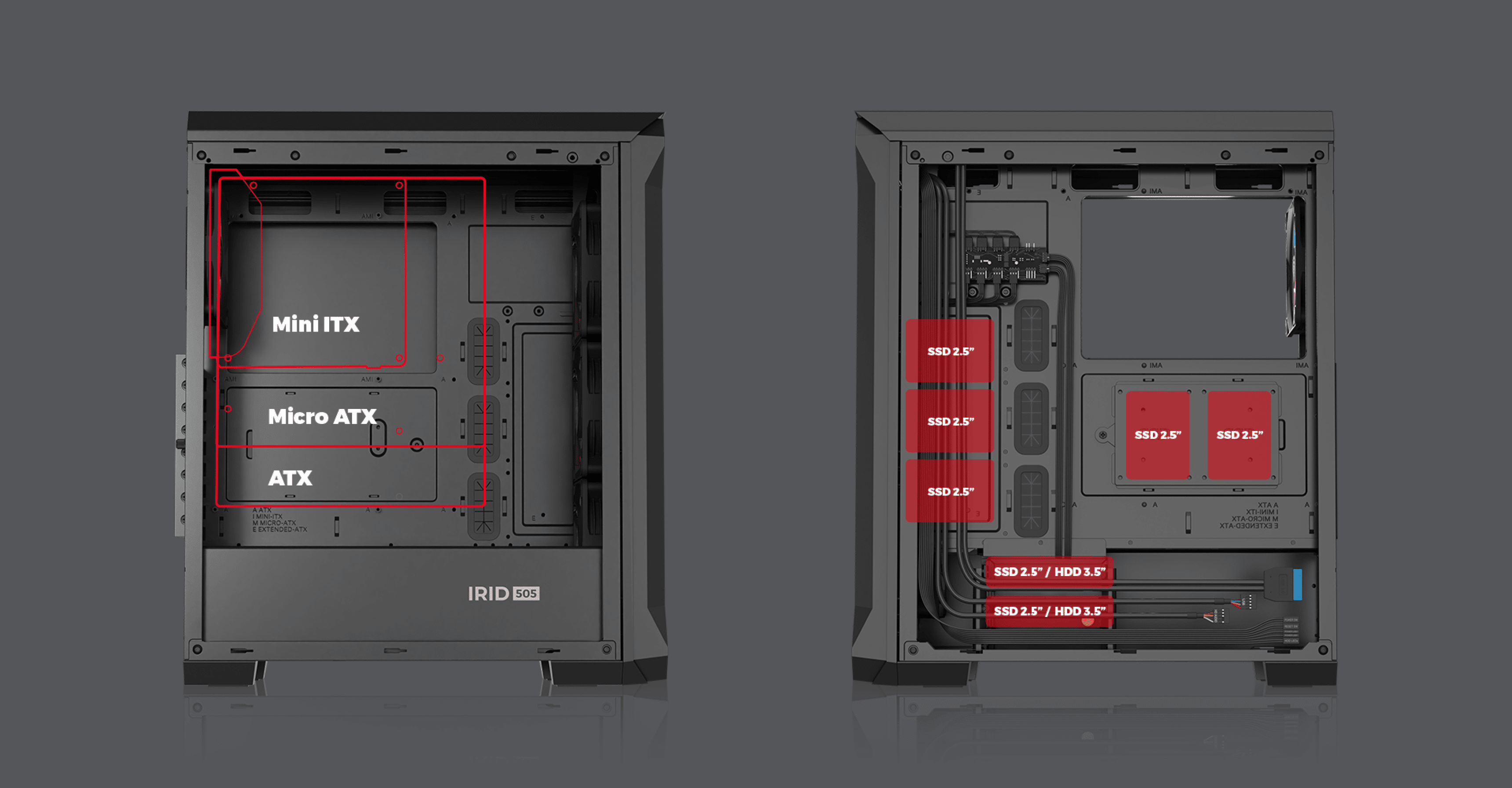 Black Genesis Irid 505 ARGB V2 MIDI tower case with transparent side panel and labeled motherboard compatibility options