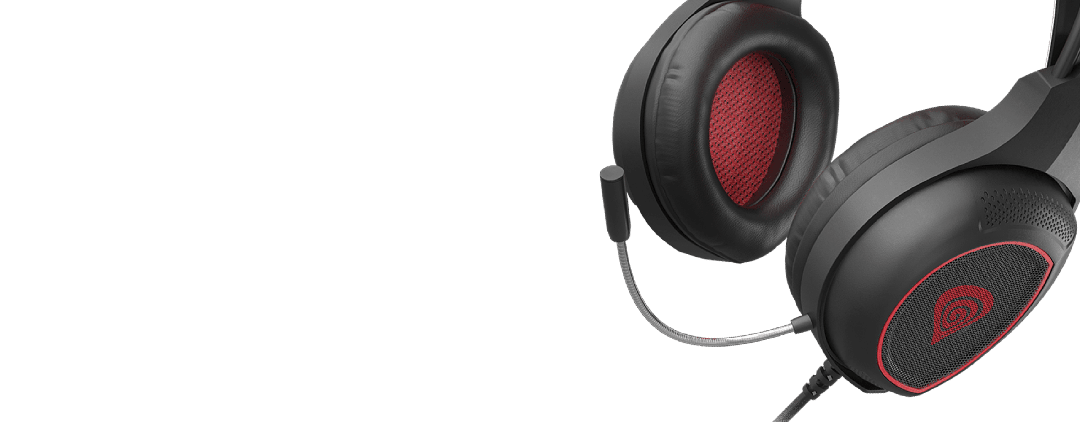 Headphones with a black and red design and a connection cable attached.