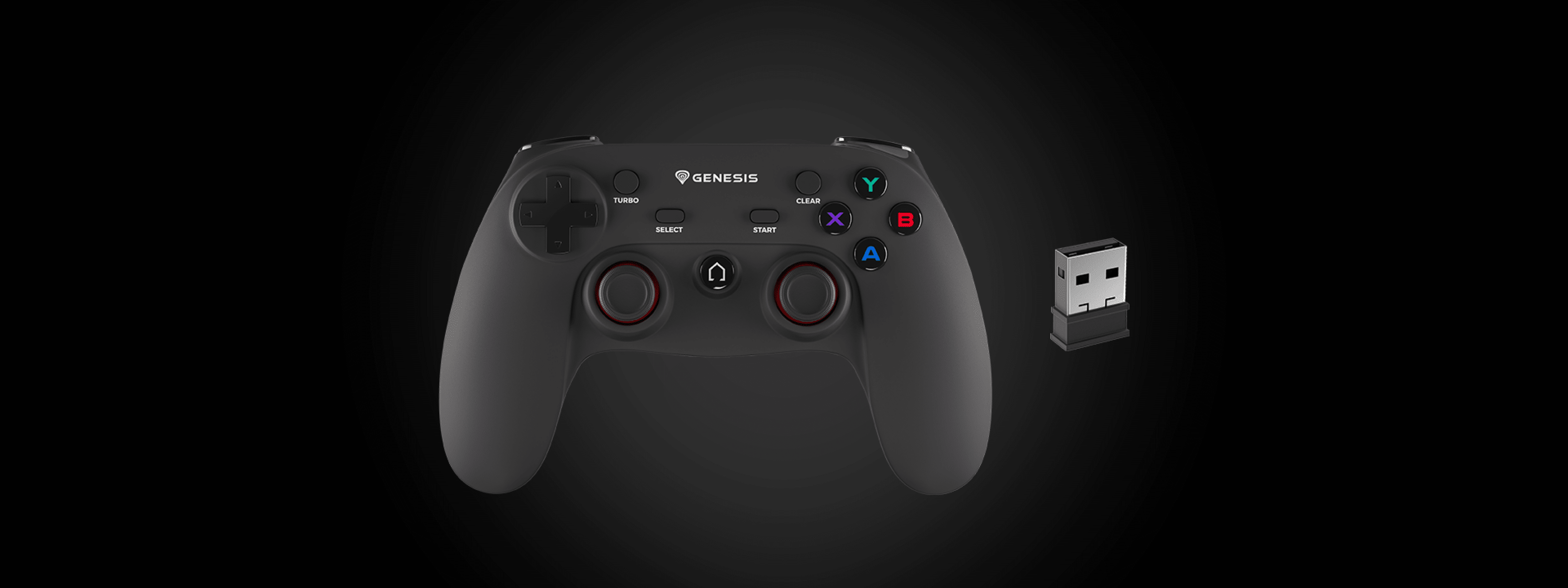 Wireless GAMEPAD GENESIS MANGAN PV65 for PS3/PC, featuring a sleek black design with colorful buttons and a USB dongle