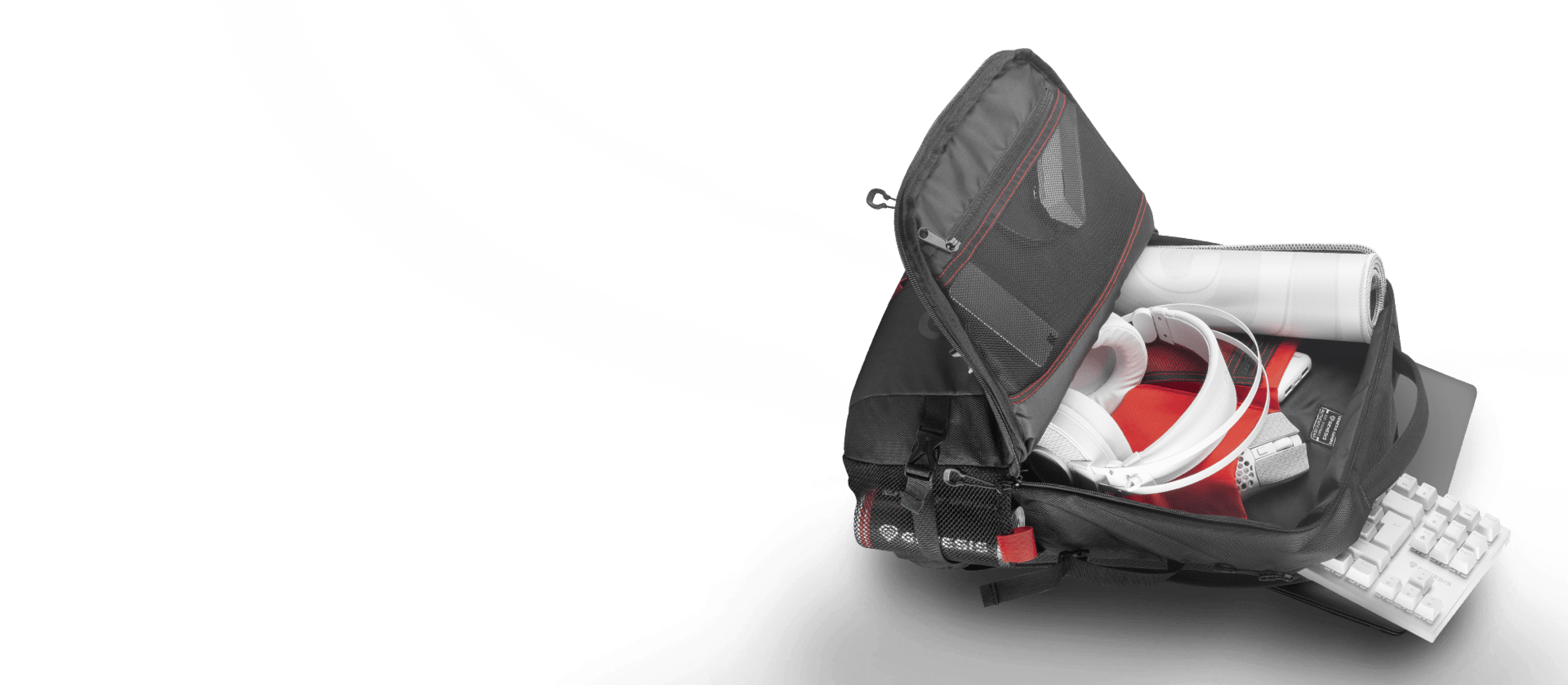 Black laptop backpack Genesis Pallad 410 with 15.6" capacity, open to reveal interior compartments for accessories