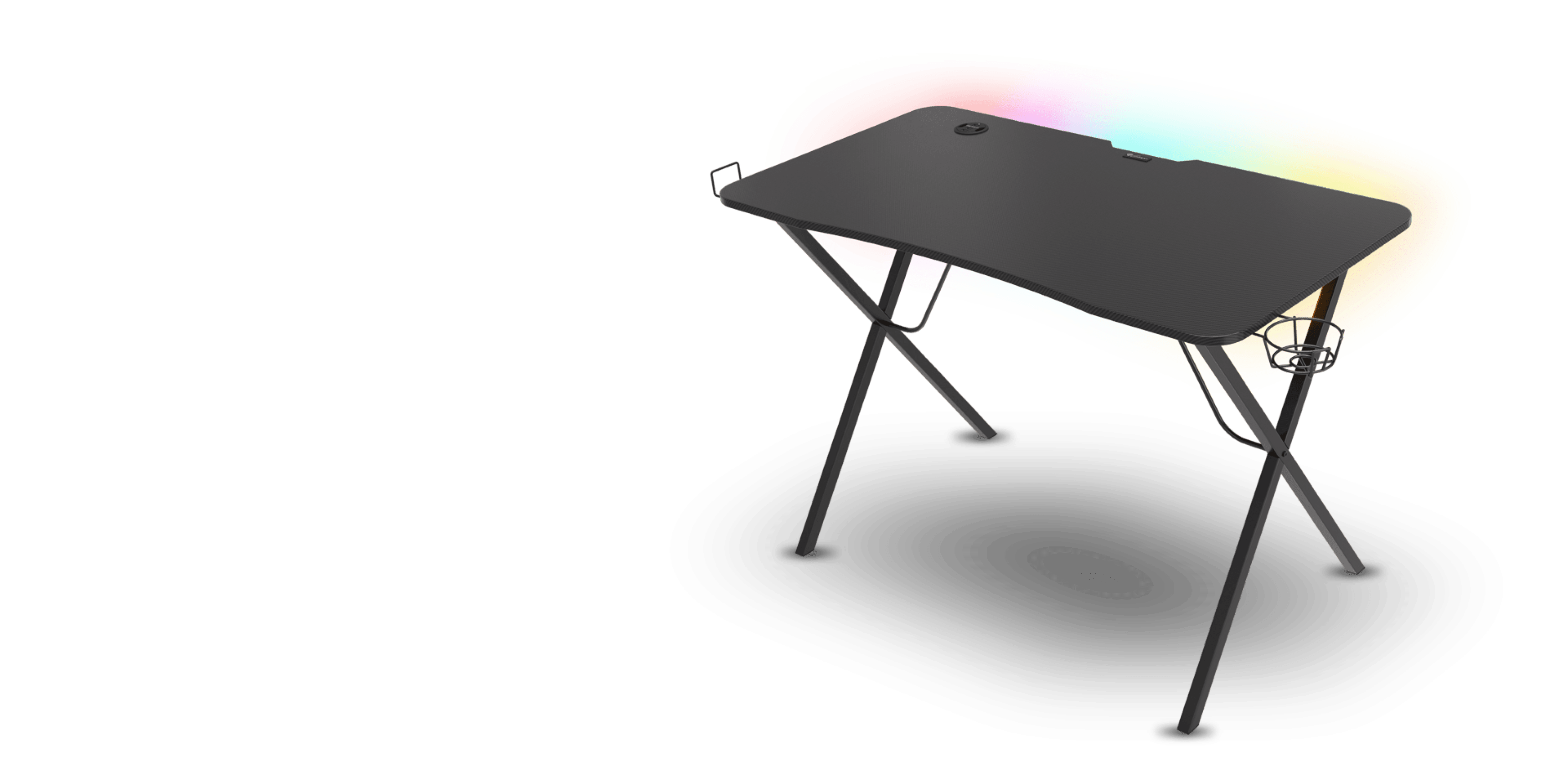 Black gaming desk with RGB lighting, featuring a smooth surface and sturdy legs, designed for comfort and style