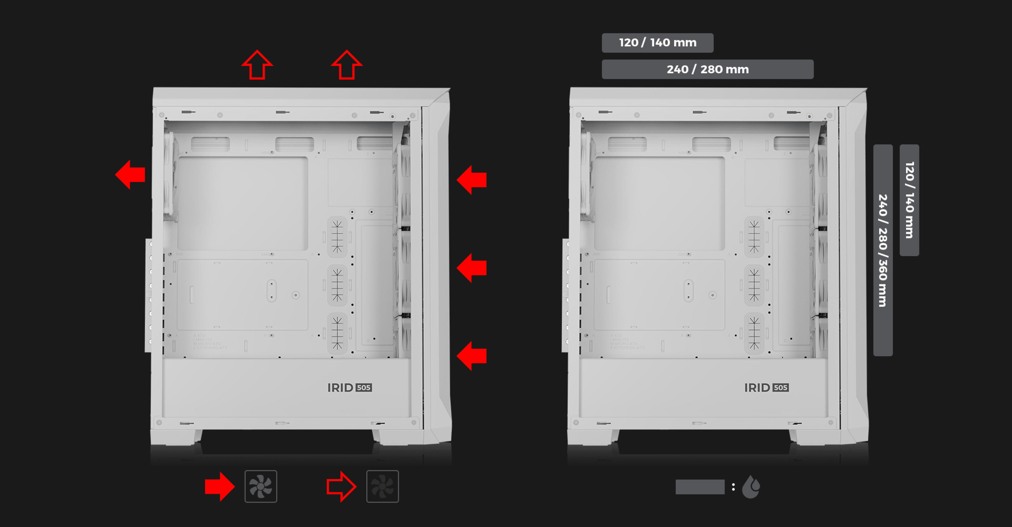MIDI tower PC case in white with ARGB features, showing fan slot specifications and internal layout options