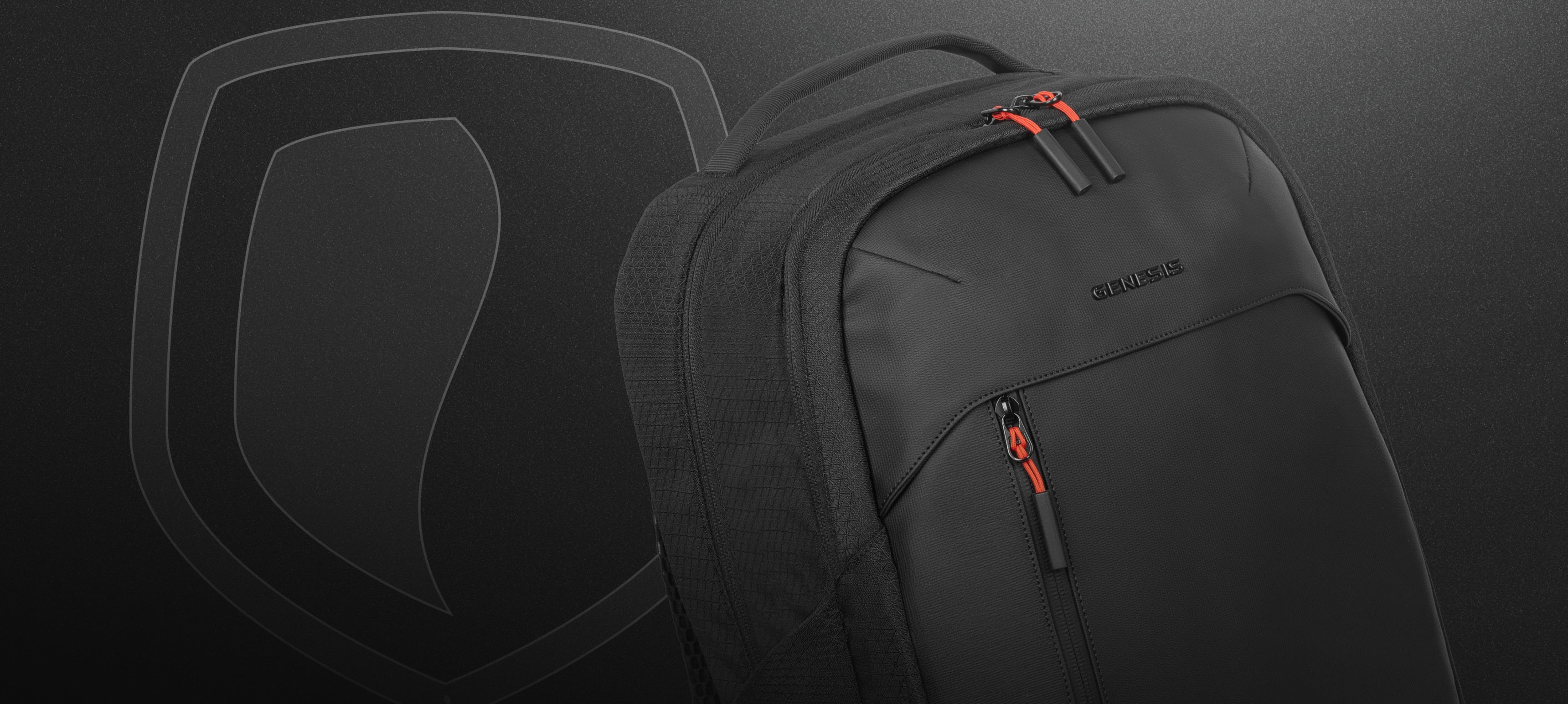 Black backpack with orange zipper accents displayed against a dark background.