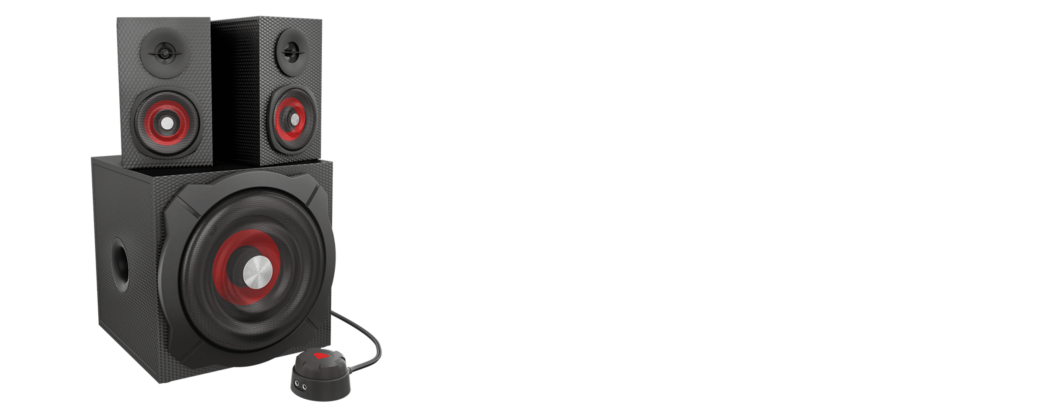 Speaker system with two satellite speakers on top of a larger subwoofer and a control dial.