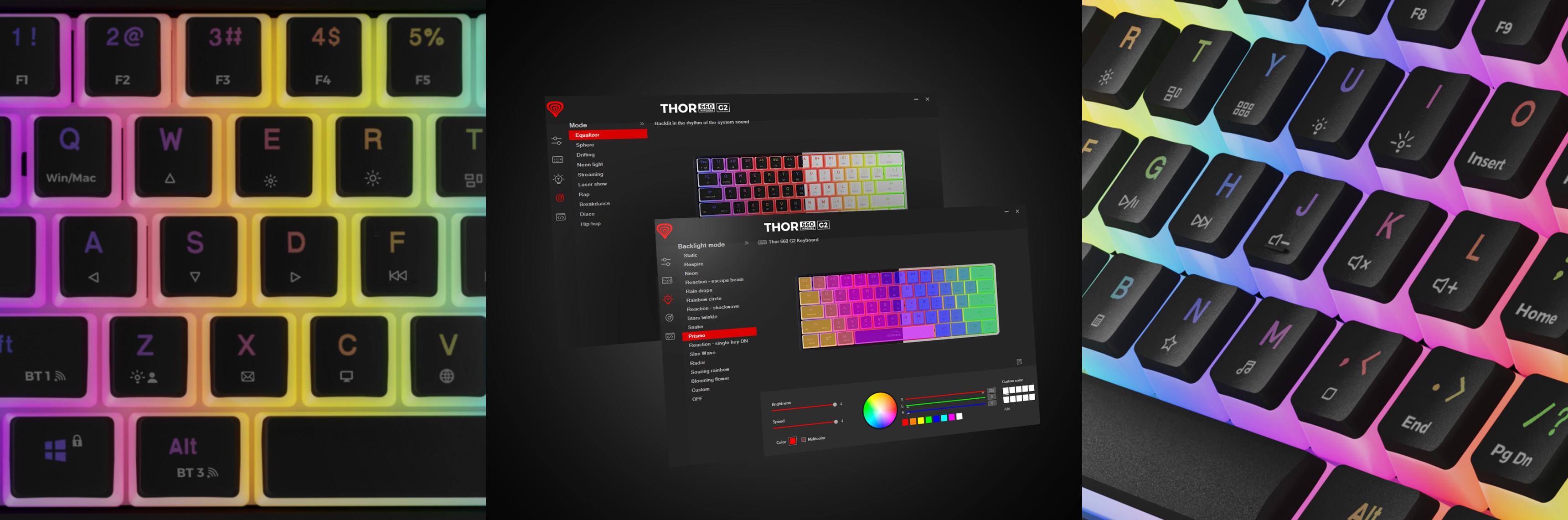 Wireless RGB mechanical gaming keyboard with Gateron Red switches, showcasing colorful key lighting and customizable settings interface