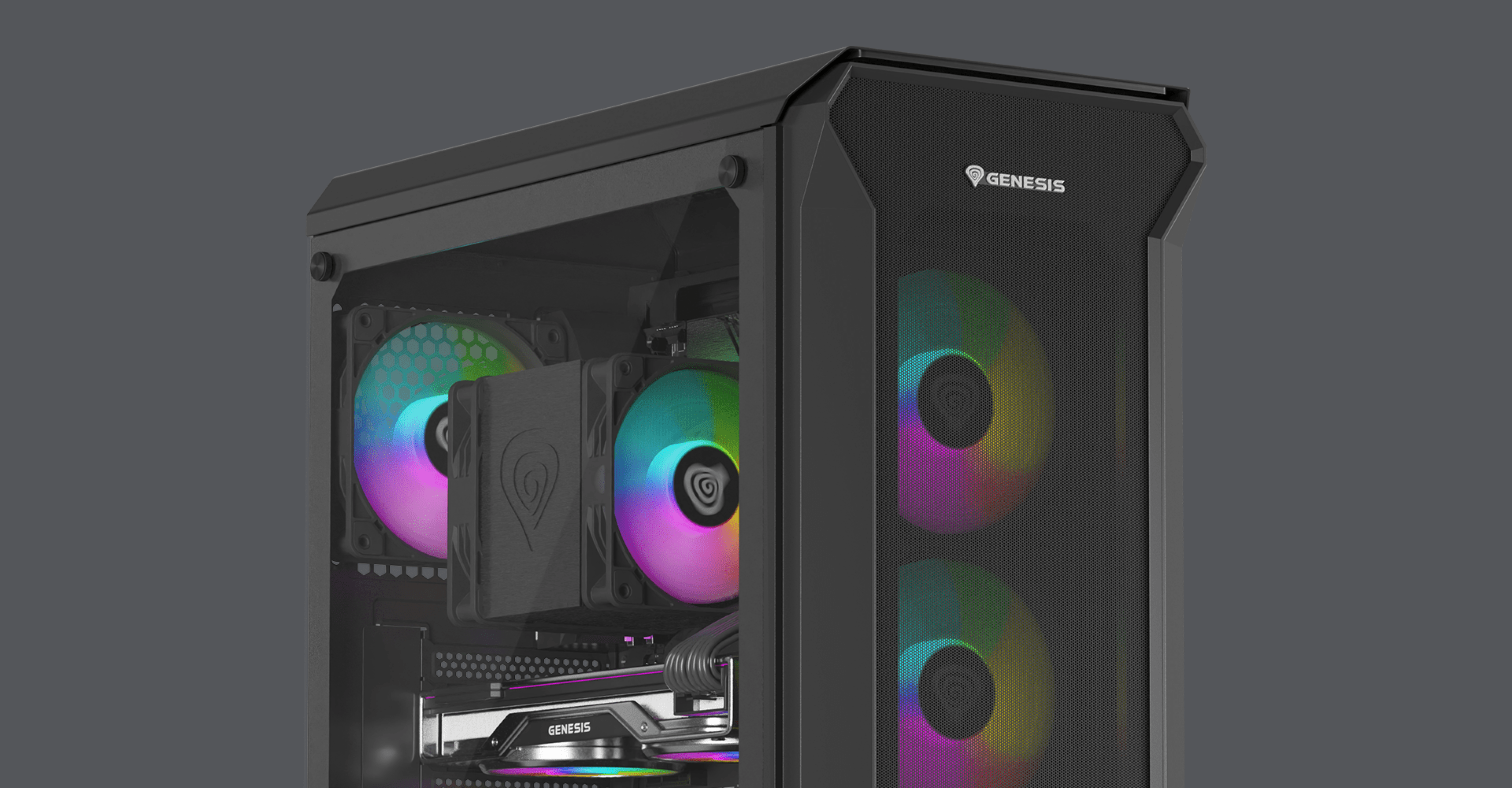 Black Genesis Irid 505 ARGB V2 MIDI tower case featuring transparent side panel and RGB fans, showcasing modern design