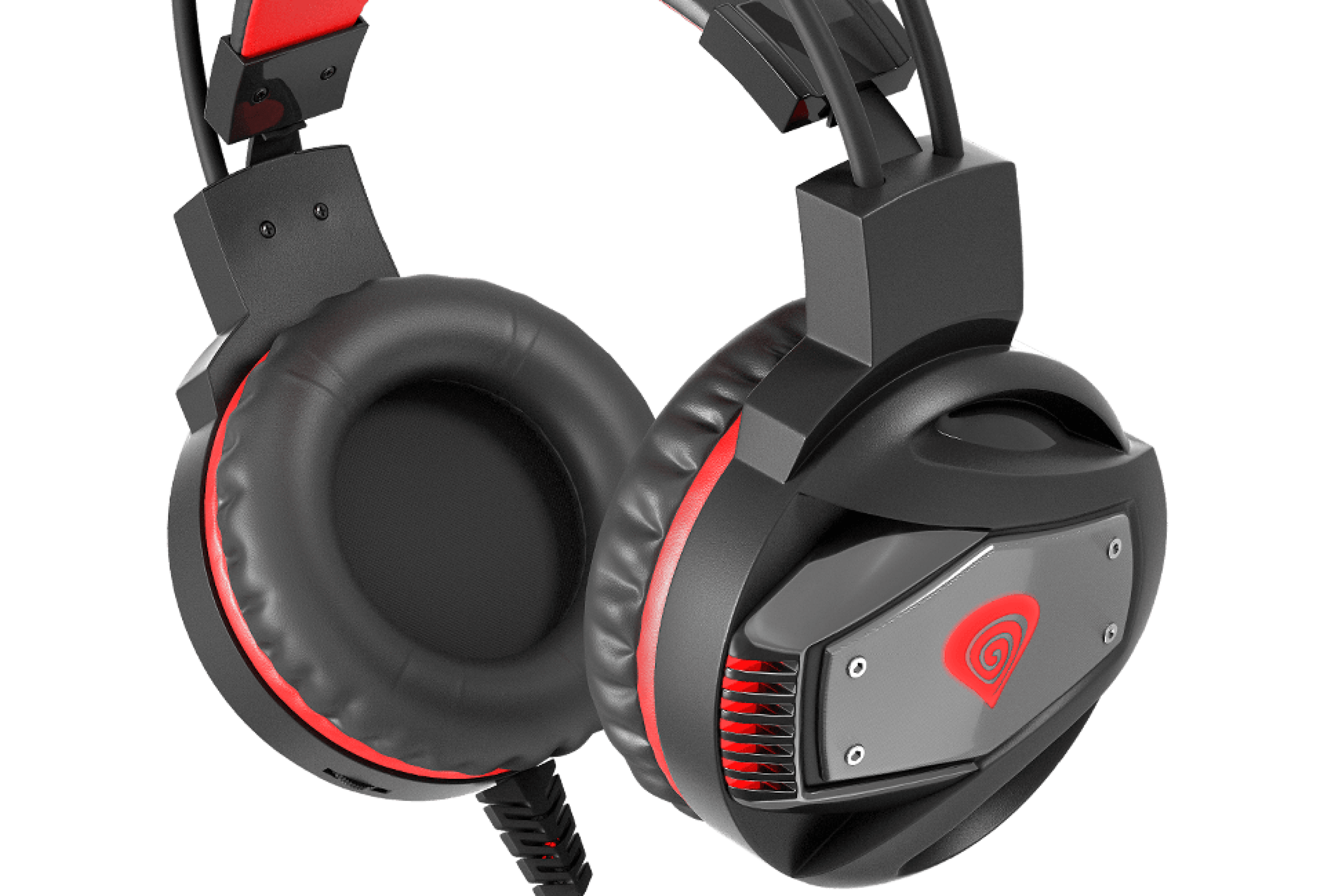 Headphones featuring a black and red design with cushioned ear pads and a connection cable.