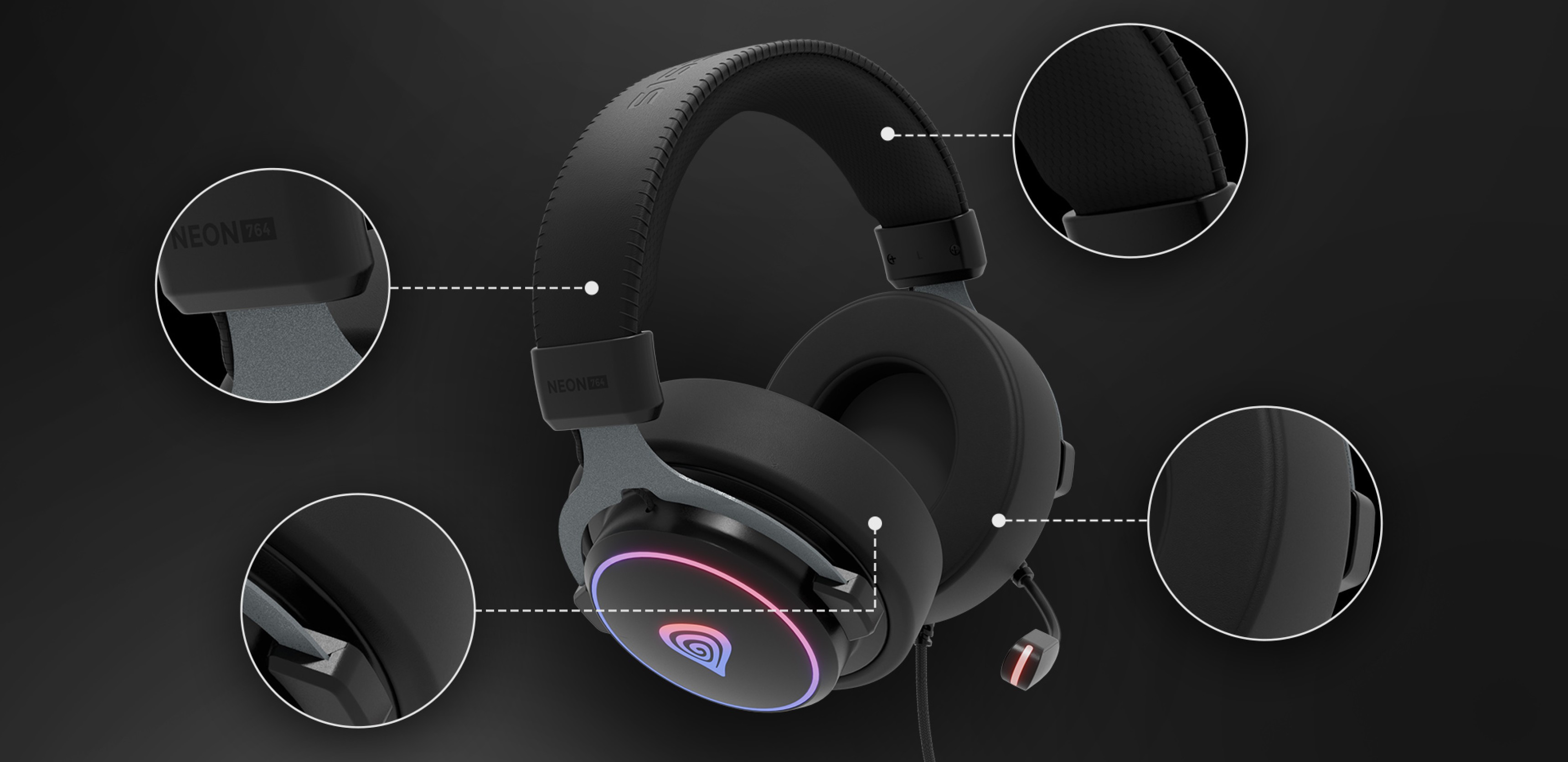 Black Genesis Neon 764 RGB wired headphones with adjustable ear cups, a microphone, and illuminated accents