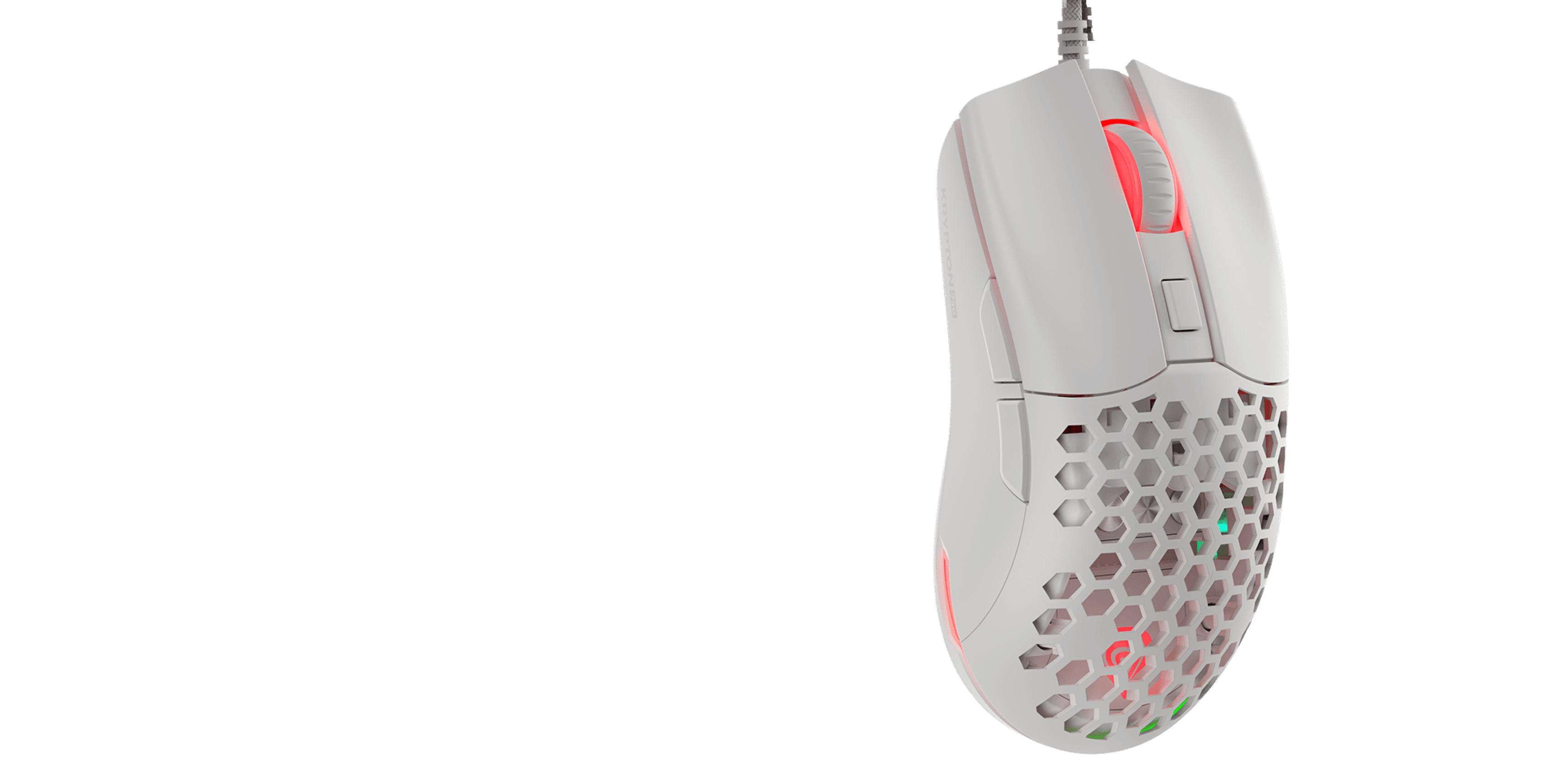 White gaming mouse with RGB lighting, 8000 DPI sensitivity, and a honeycomb design for improved airflow and lightweight performance
