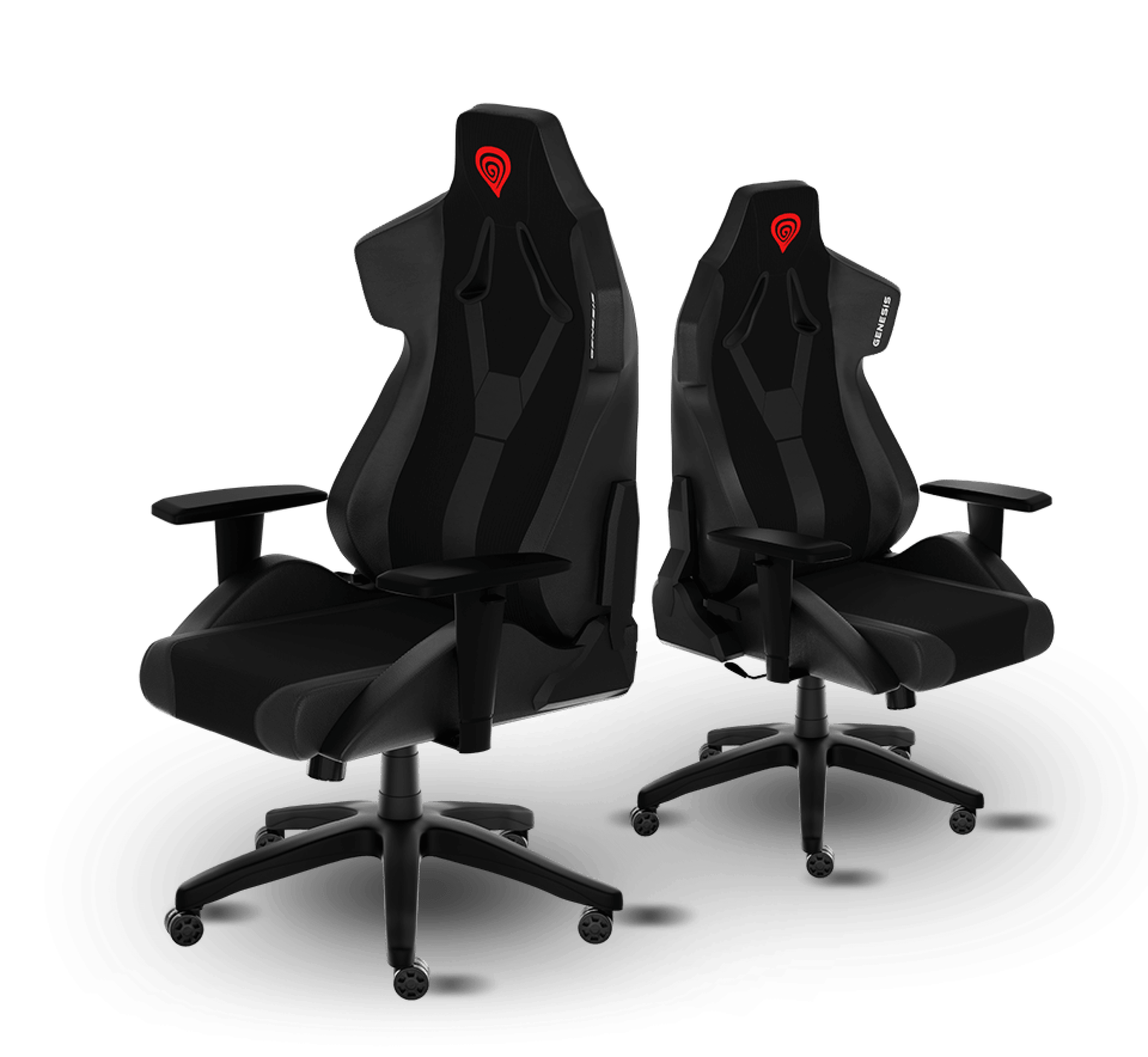 Two Genesis Nitro 650 Onyx black gaming chairs with ergonomic design and adjustable armrests