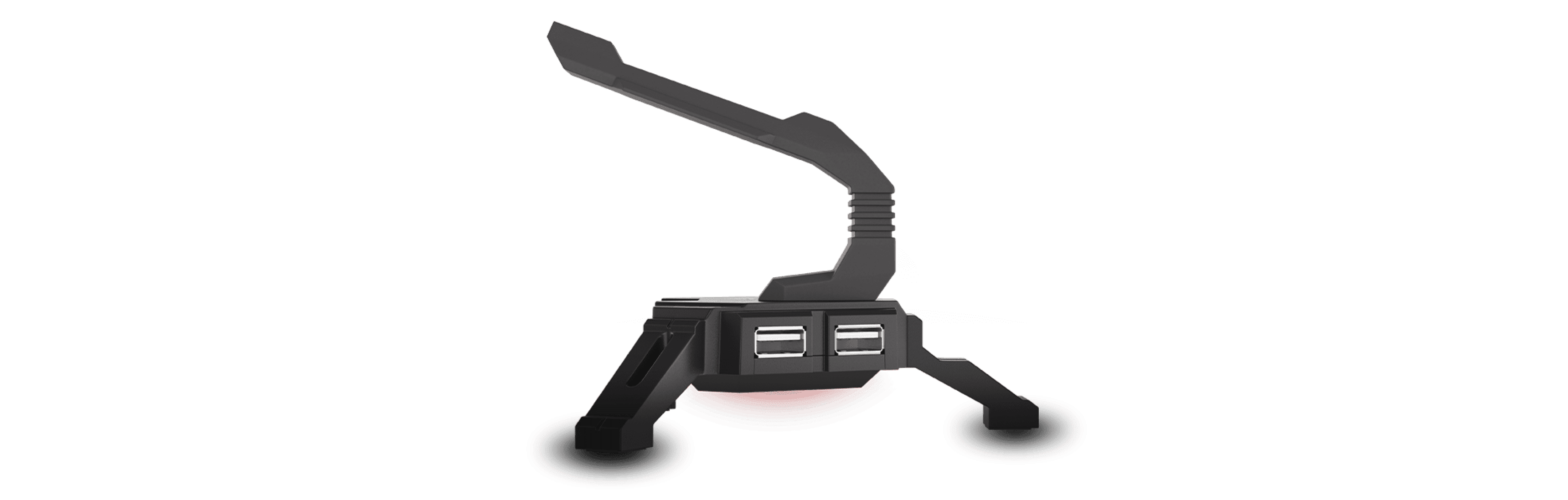 Mouse bungee with a flexible arm and two USB hubs, designed to manage mouse cables and improve workspace organization