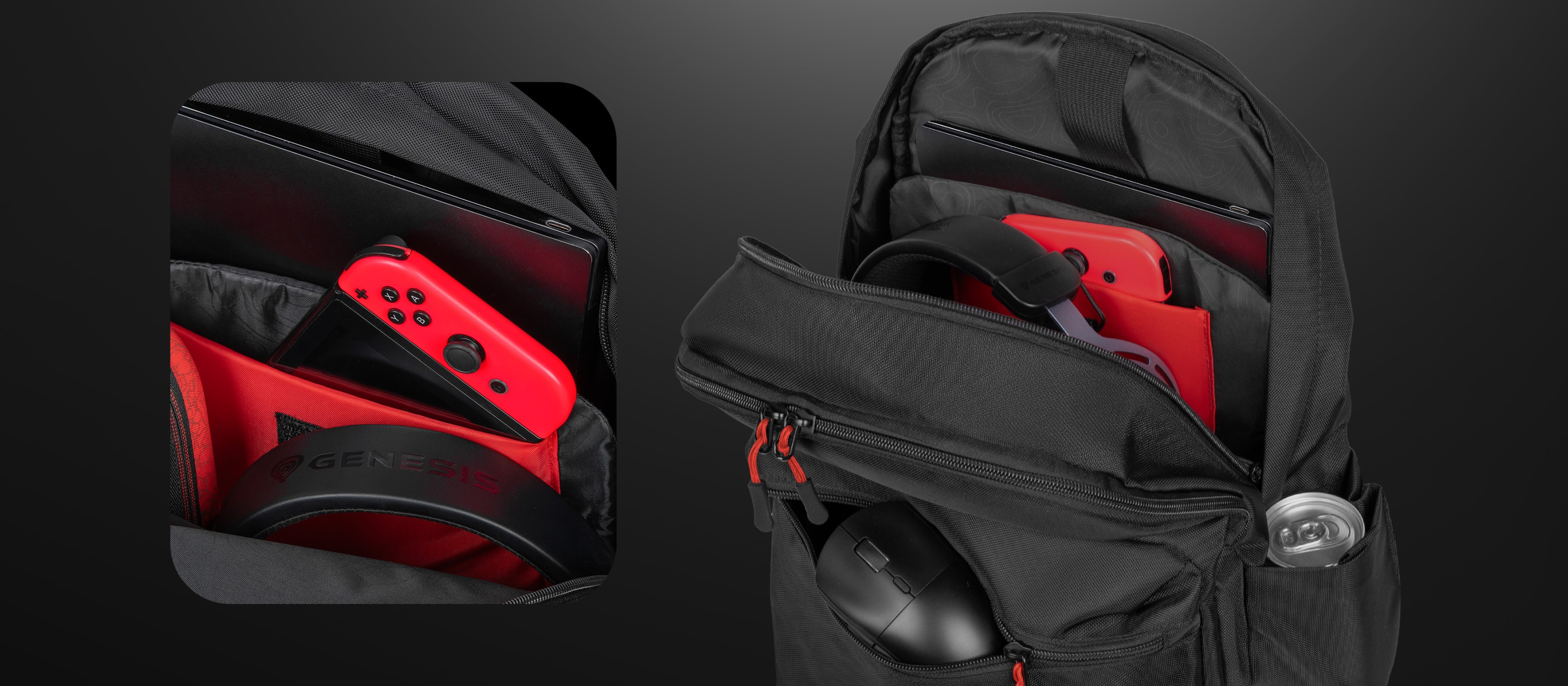 Black Genesis Pallad 200 backpack with a 19L capacity, featuring red gaming accessories, including a headset and Joy-Con controllers