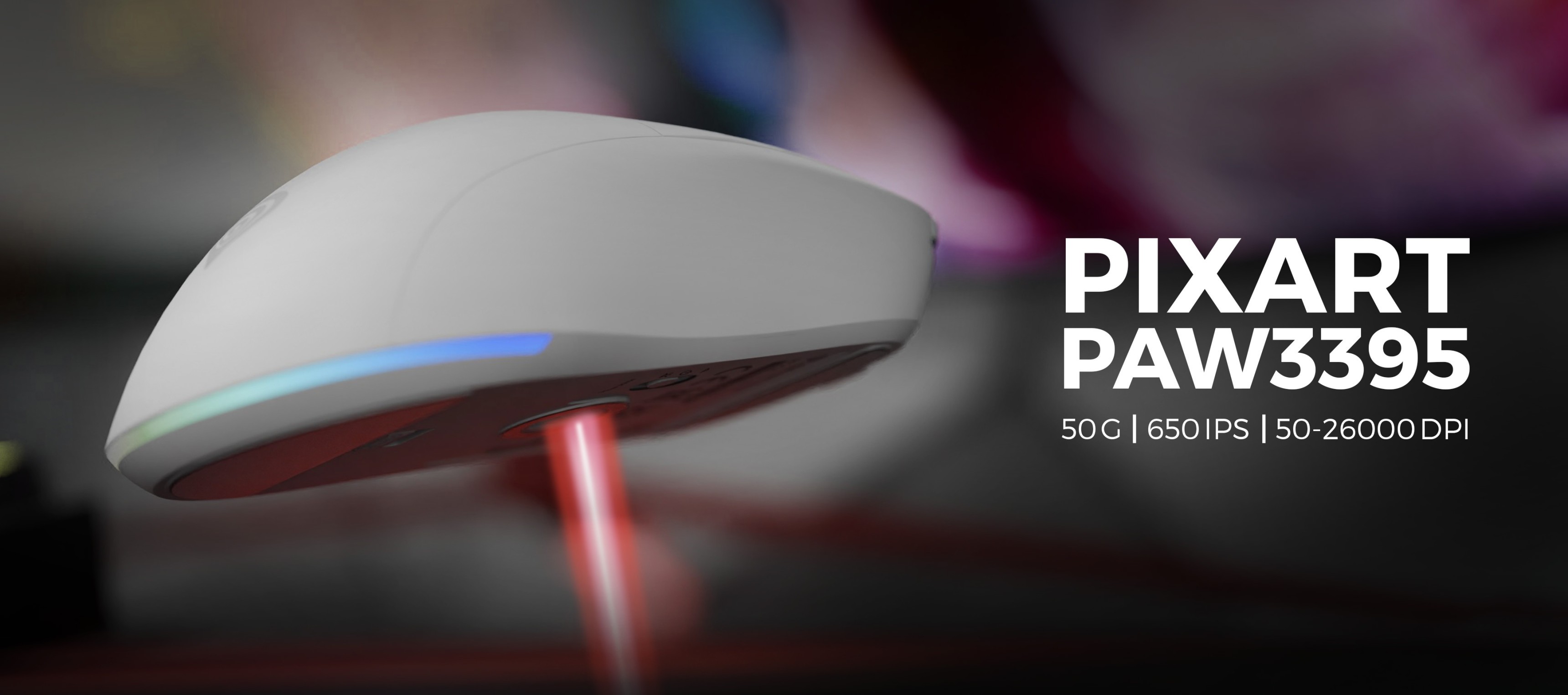 Wireless gaming mouse with customizable settings, featuring the PIXART PAW3395 sensor and a sleek black design