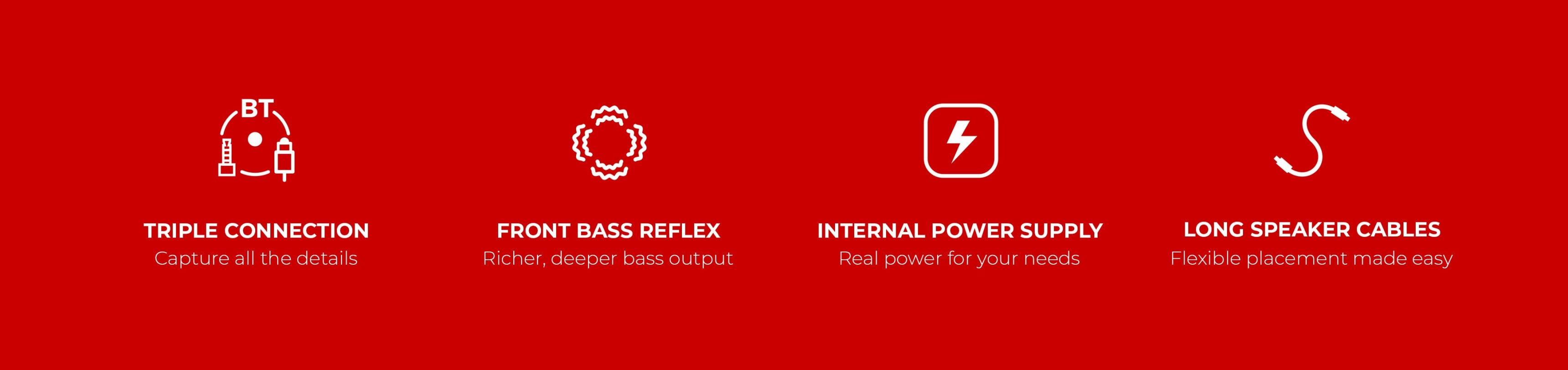 Four icons on a red background representing audio features and accessories.