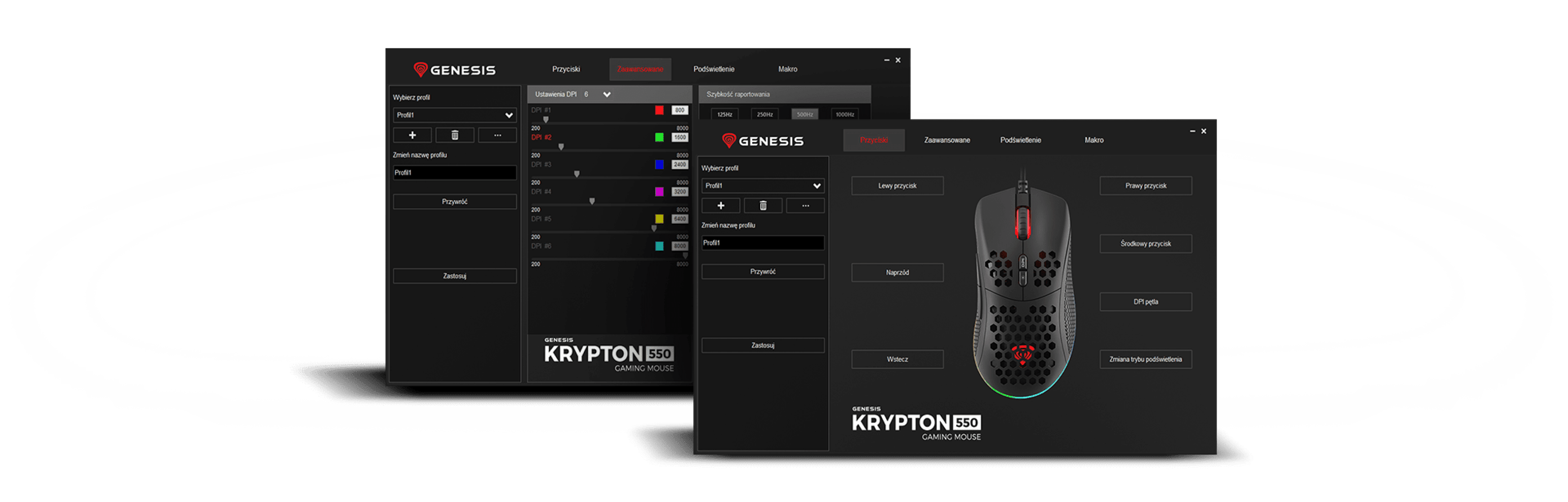 Black RGB gaming mouse settings interface for Genesis Krypton 550, featuring customizable options and color profiles