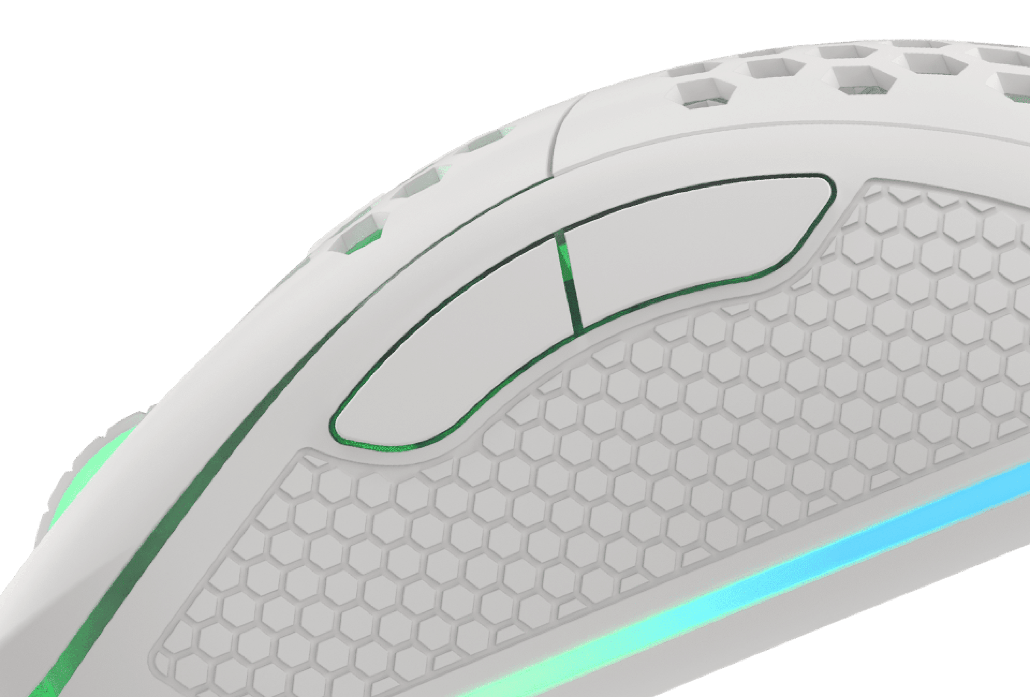 White gaming mouse with textured grip and a green illuminated button on the side.