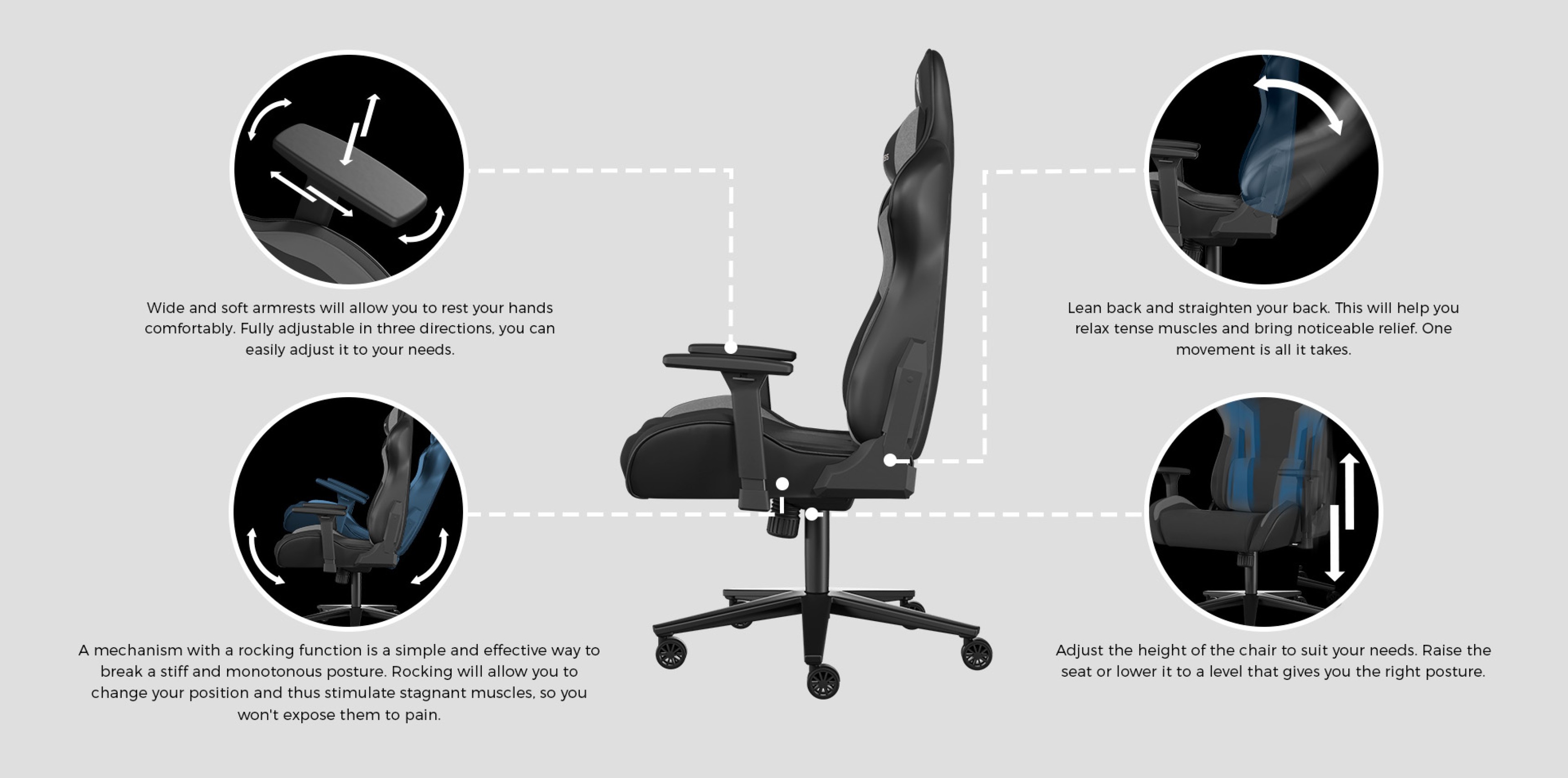 Black and gray gaming chair with adjustable features, including armrests and reclining back, designed for comfort and support
