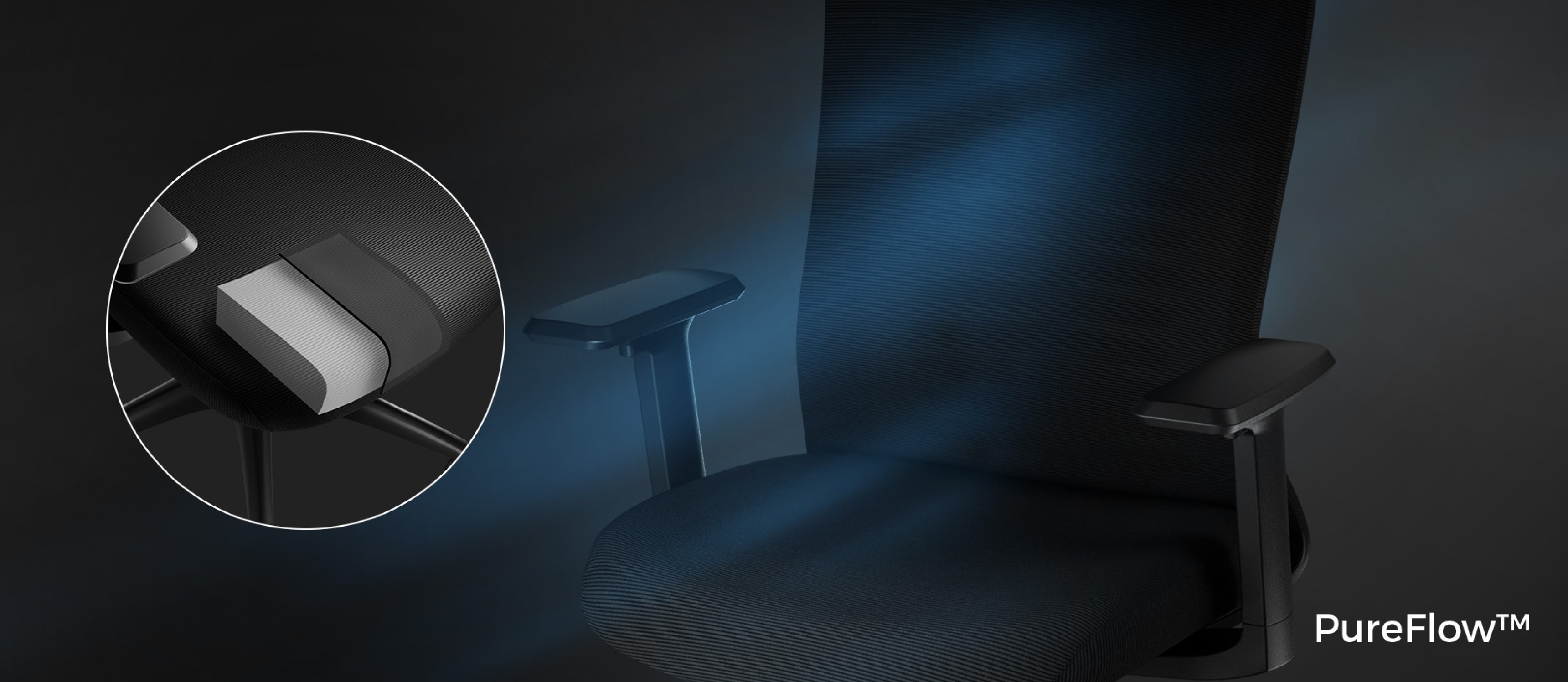 Ergonomic black chair with breathable mesh design and adjustable armrests, highlighting PureFlow™ technology for comfort