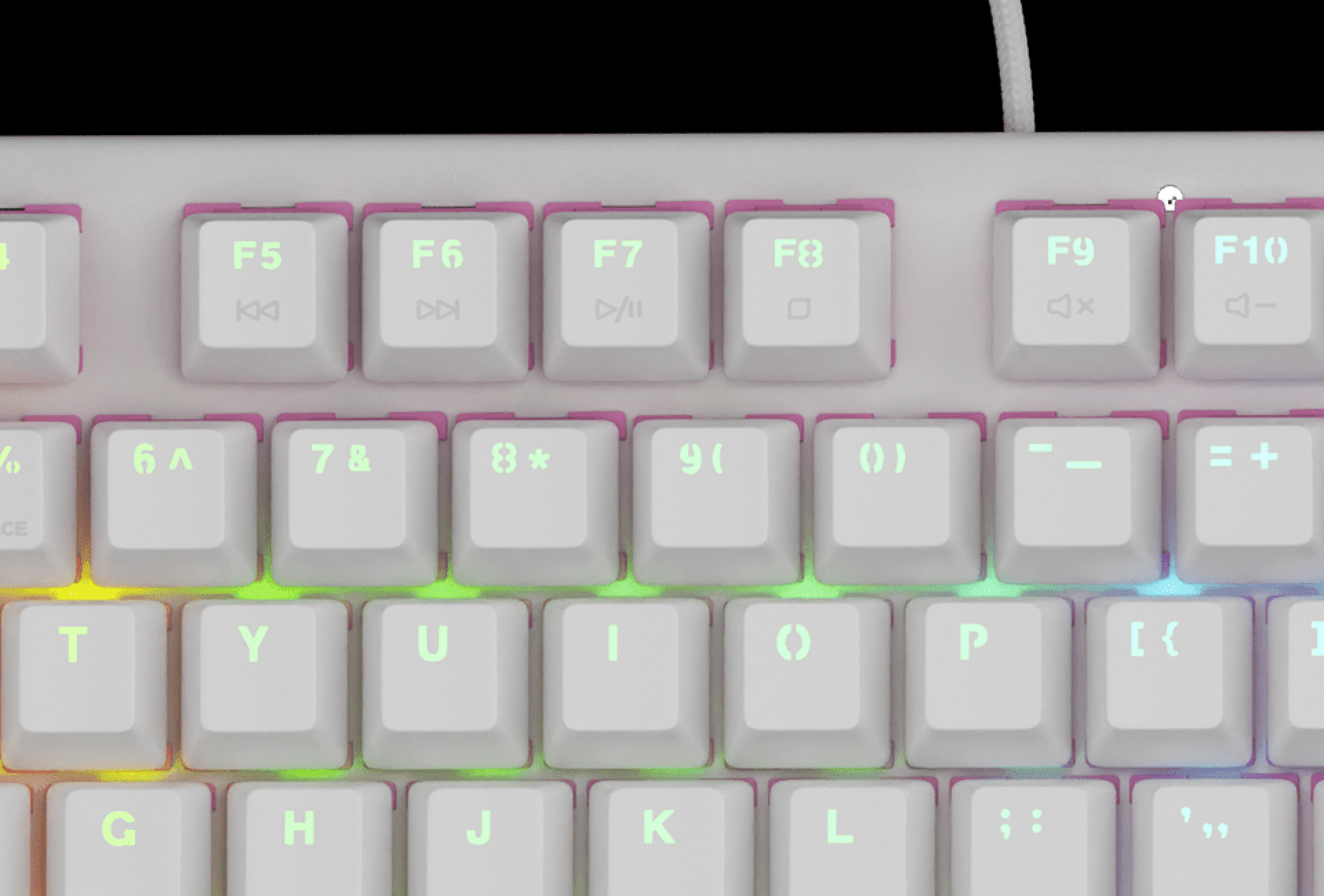 Mechanical gaming keyboard with RGB backlighting and silent switches, featuring white keys and a hot-swappable design