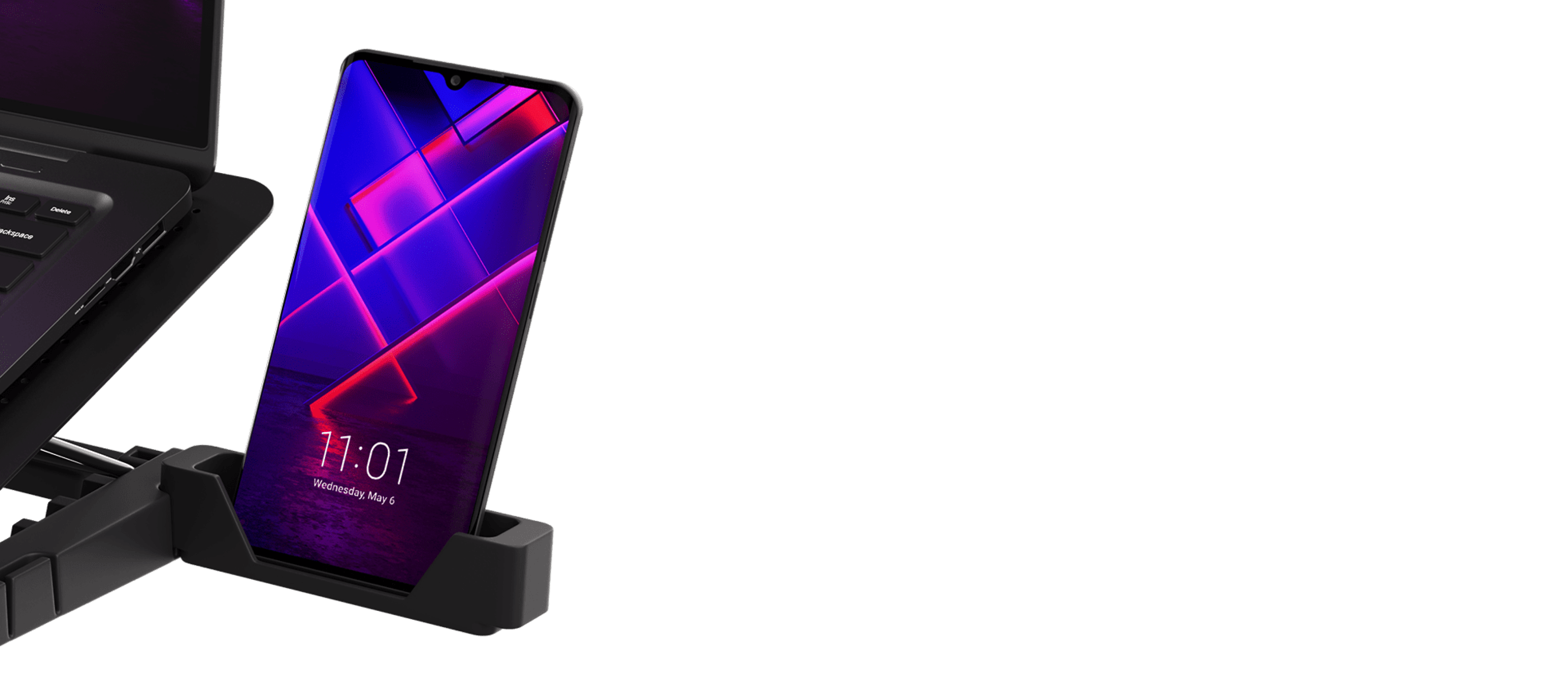 Cooling pad for laptops with RGB lighting, fan, and two USB ports. Includes a holder for a smartphone