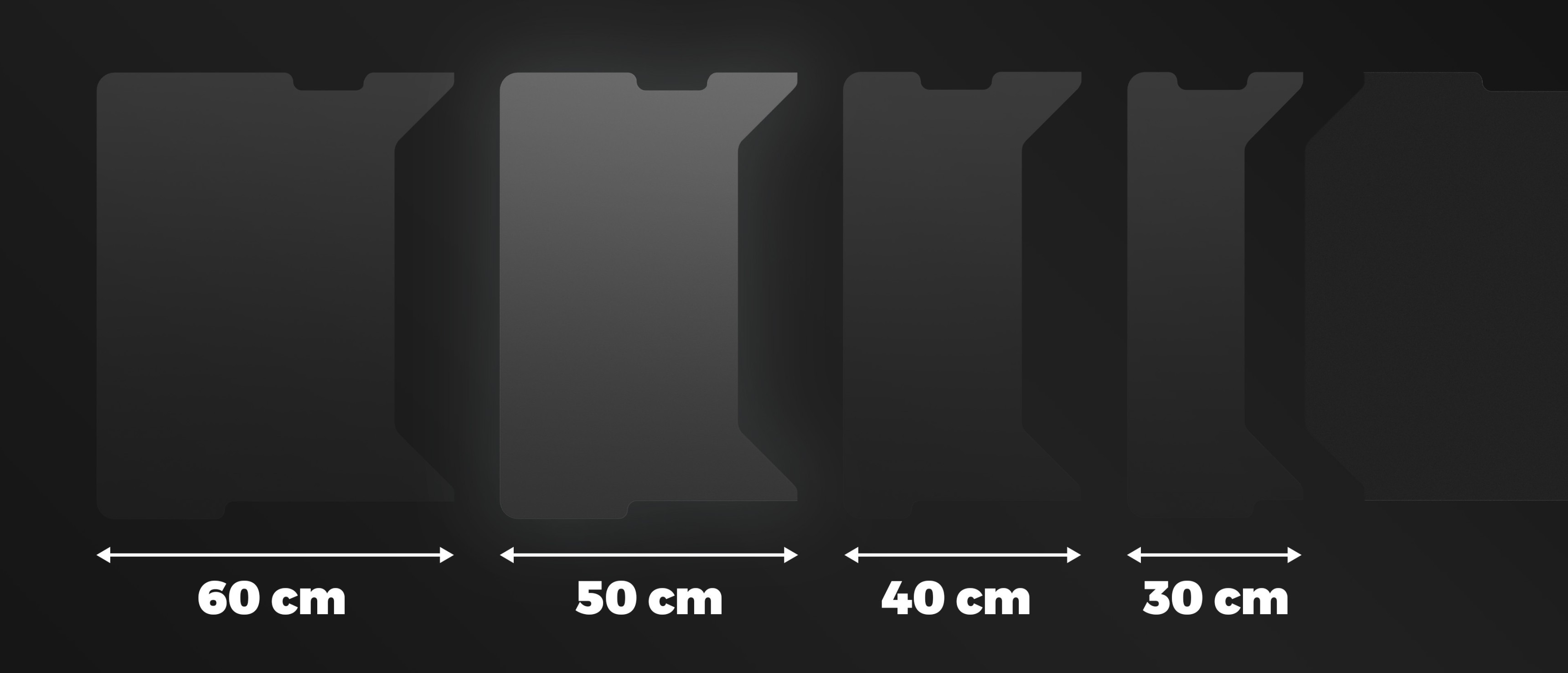 Corner gaming desk setup with modular panels of varying sizes: 60 cm, 50 cm, 40 cm, and 30 cm, displayed on a dark background