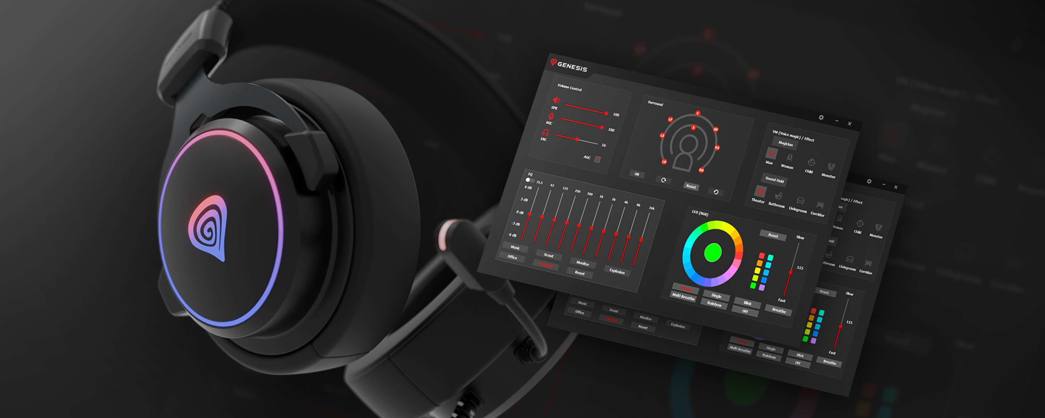 Black Genesis Neon 764 RGB over-ear headphones with a microphone, featuring customizable RGB lighting and an accompanying software interface
