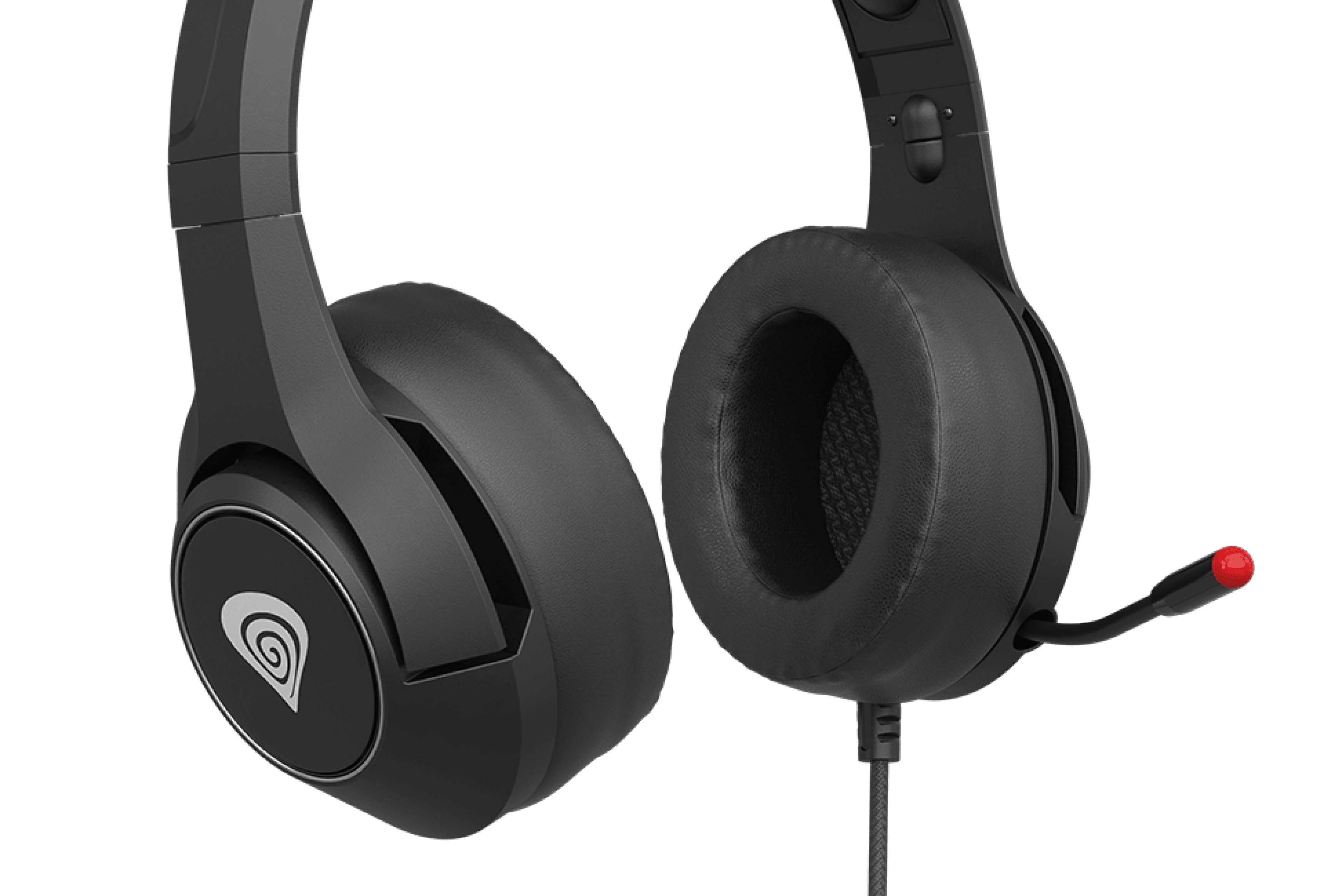 Black Genesis Argon 600 over-ear headphones with a microphone and adapter, featuring cushioned ear pads for comfort